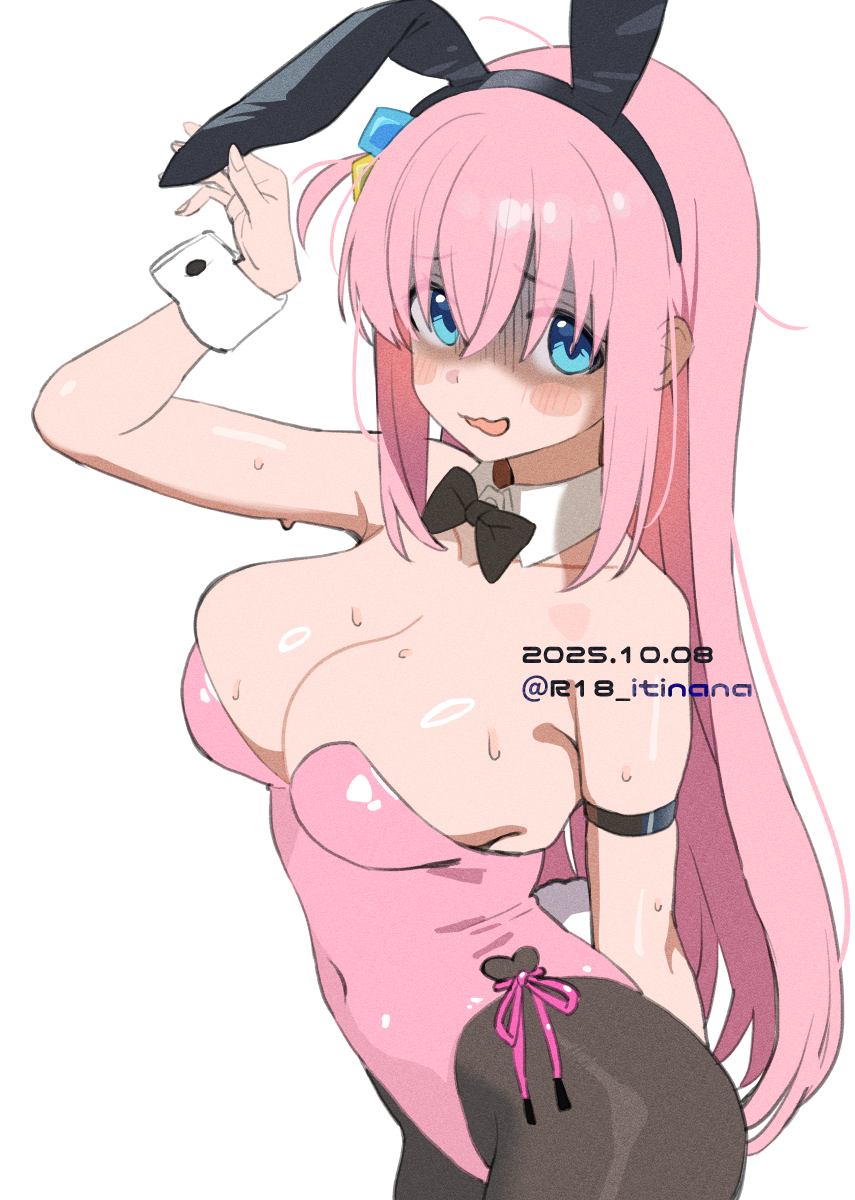 itinana, gotoh hitori, bocchi the rock!, highres, revision, 1girl, alternate costume, animal ears, bare shoulders, beads, black bow, black bowtie, black pantyhose, blue eyes, blush, bow, bowtie, breasts, cleavage, covered navel, cropped legs, cube hair ornament, dated, detached collar, fake animal ears, fake tail, hair beads, hair between eyes, hair ornament, large breasts, leotard, long hair, looking at viewer, nervous, nervous smile, one side up, open mouth, pantyhose, pink hair, pink leotard, playboy bunny, rabbit ears, rabbit tail, shaded face, side ponytail, simple background, smile, solo, standing, strapless, strapless leotard, sweat, tail, twitter username, white background, wrist cuffs