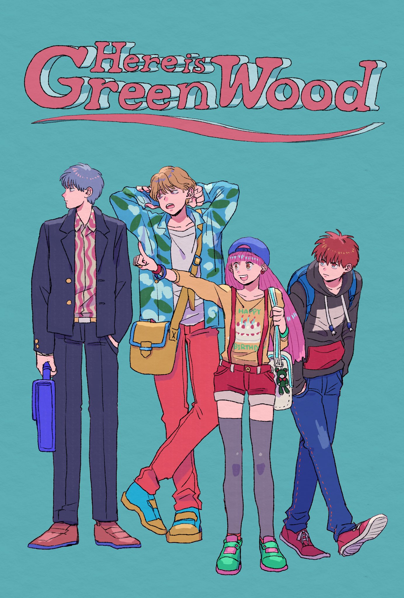 hasukawa kazuya, ikeda mitsuru, kisaragi shun, tezuka shinobu, koko wa greenwood, commentary request, highres, 4boys, amanojaku mm, androgynous, backpack, backwards hat, bag, black jacket, blue background, blue bag, blue pants, blue shirt, brown hair, clothes writing, collarbone, copyright name, drawstring, earrings, full body, green shoes, happy birthday, hat, holding, holding bag, hood, hood down, hoodie, jacket, jewelry, long hair, looking to the side, male focus, multiple boys, open mouth, pants, pink hair, pointing, pointing forward, red eyes, red hair, red pants, red shoes, red shorts, shirt, shoes, short hair, shorts, sneakers, suspender shorts, suspenders, white bag, white shirt, yellow bag