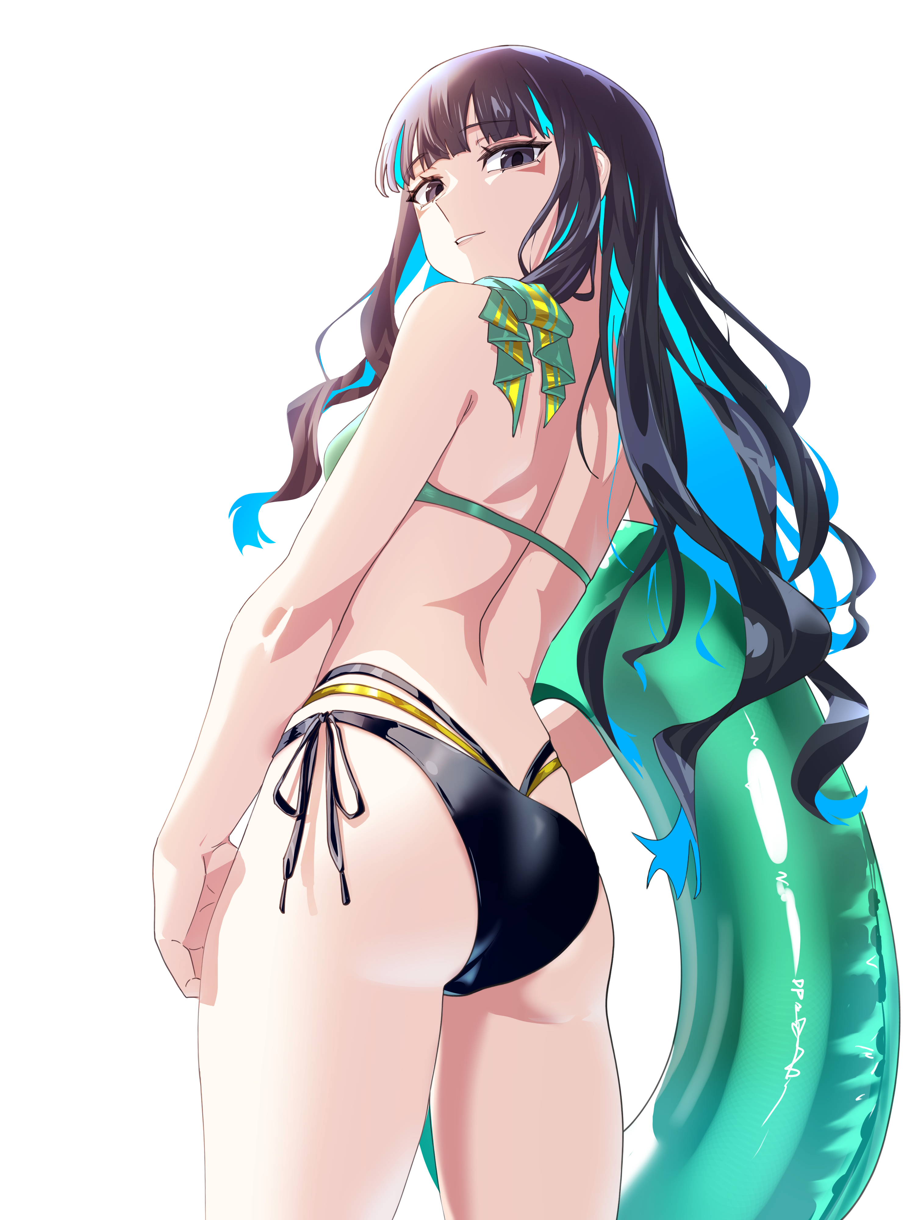 dantonphanton, tenochtitlan (cactus city) (fate), tenochtitlan (fate), fate/grand order, fate (series), absurdres, highres, 1girl, ass, back, bare shoulders, bikini, black bikini, black hair, blue hair, breasts, colored inner hair, gold trim, green bikini, grey eyes, innertube, long hair, looking at viewer, looking back, mismatched bikini, multicolored hair, sidelocks, small breasts, smile, solo, swim ring, swimsuit, thighs