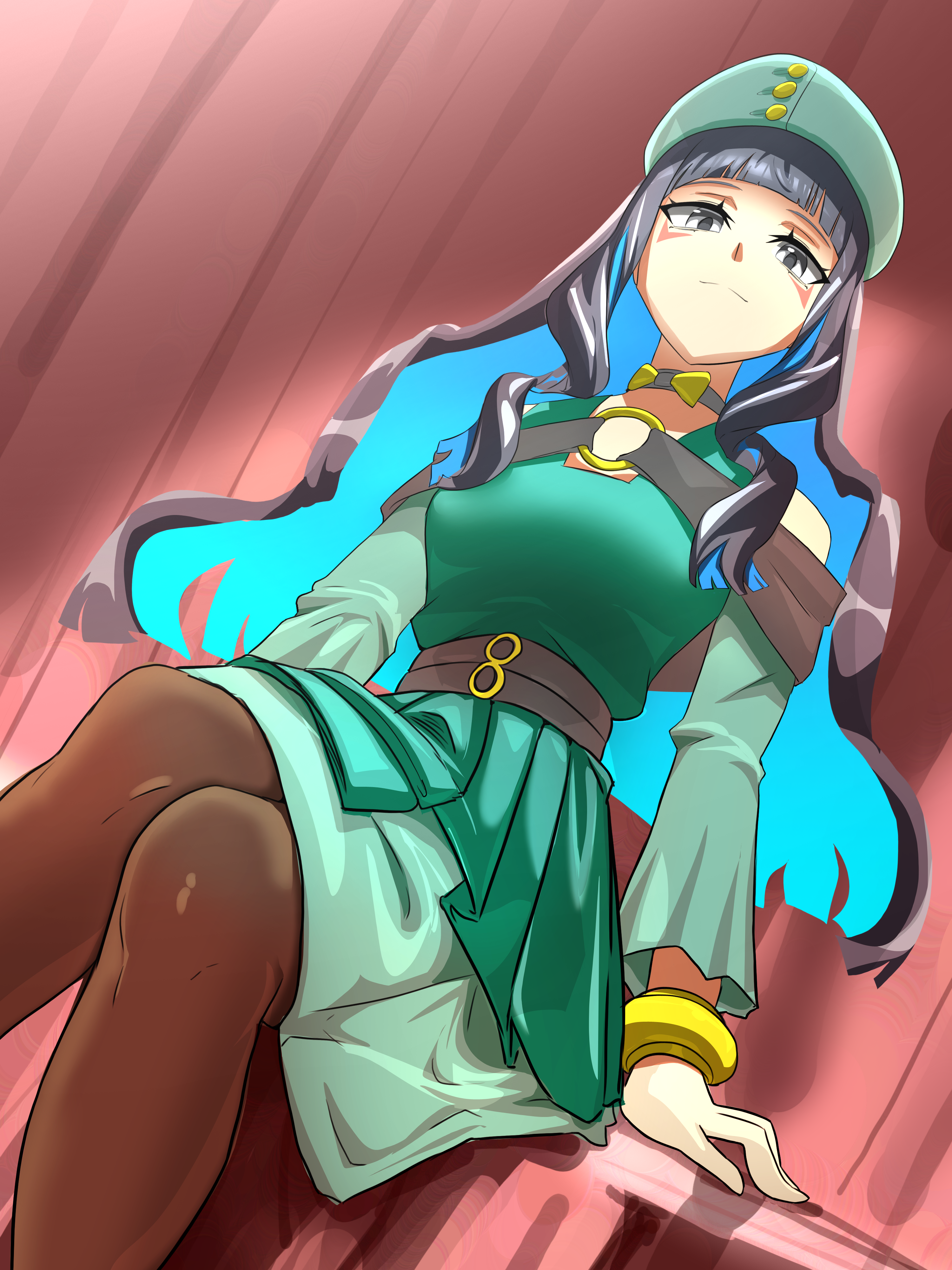 dantonphanton, tenochtitlan (fate), fate/grand order, fate (series), absurdres, highres, 1girl, bare shoulders, belt, beret, black hair, blue hair, blunt bangs, bracelet, breasts, brown pantyhose, choker, colored inner hair, crossed legs, dress, eyeliner, green dress, green hat, grey eyes, hat, jewelry, long hair, long sleeves, looking at viewer, makeup, multicolored hair, o-ring, off shoulder, pantyhose, sidelocks, sitting, small breasts, smile, solo, tenochtitlan (satellite station 23-24) (fate), thighs