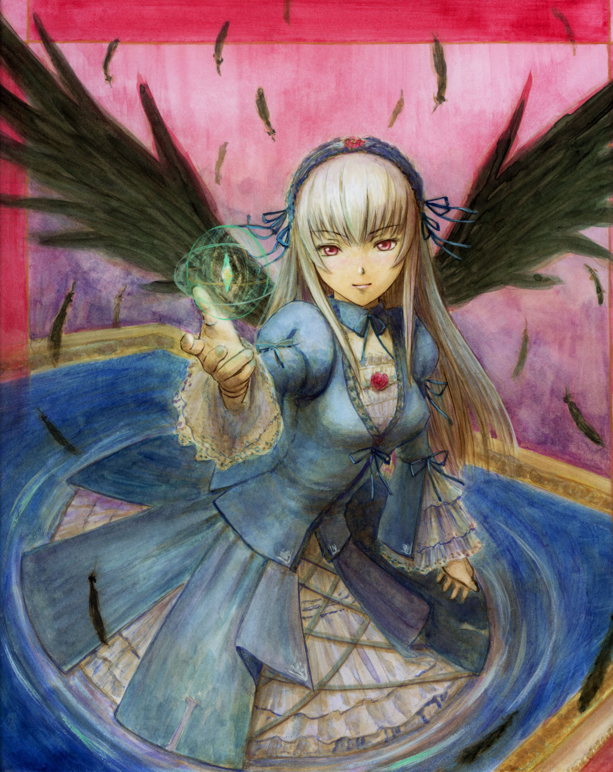 tafuto, suigintou, rozen maiden, silver hair, bad id, bad pixiv id, highres, traditional media, 00s, doll joints, dress, feathers, frills, hairband, joints, long hair, purple eyes, solo, wings