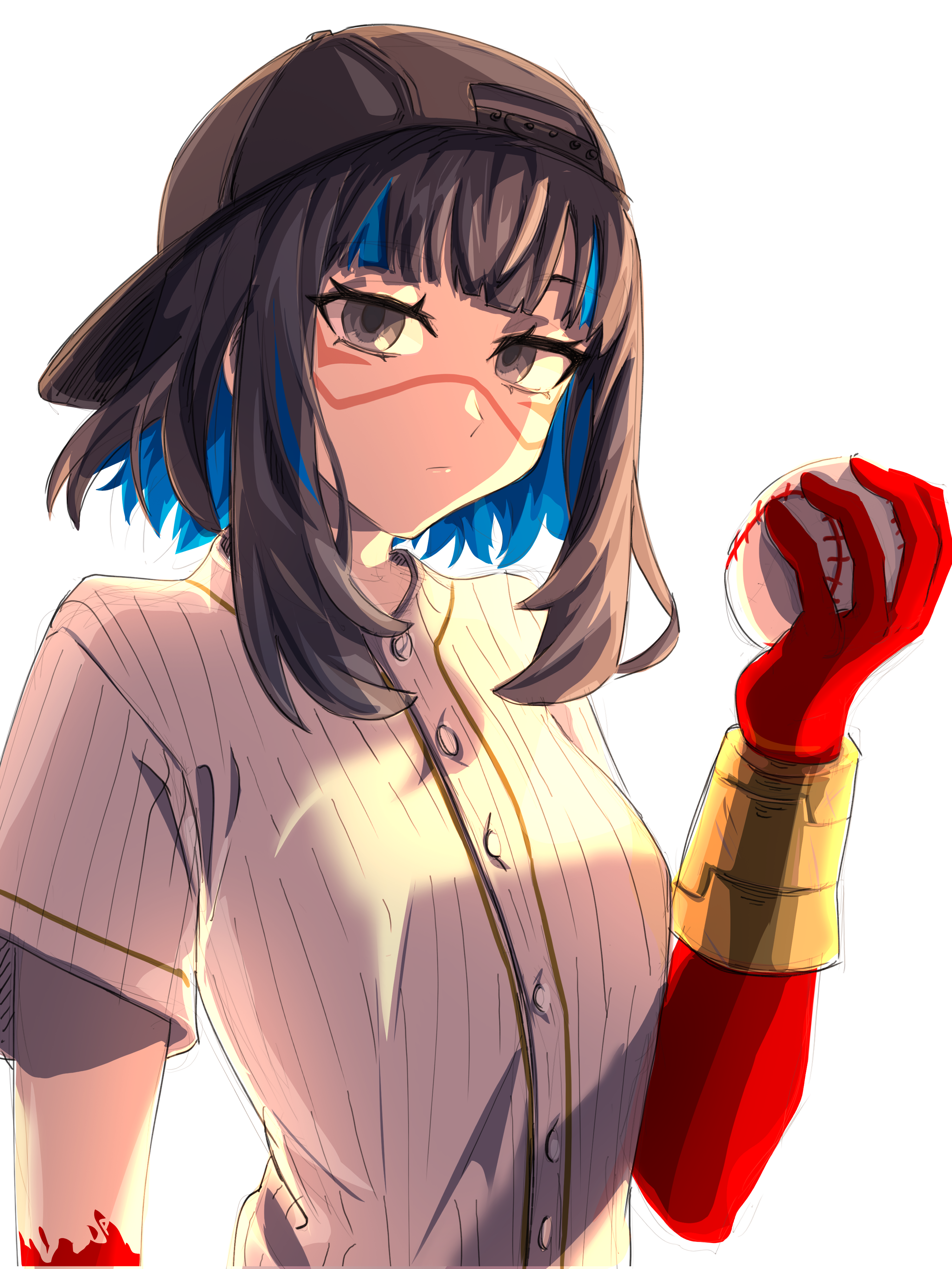 dantonphanton, tenochtitlan (fate), fate/grail league, fate/grand order, fate (series), absurdres, highres, 1girl, ball, baseball (object), baseball cap, baseball uniform, black hair, black hat, blood, blood on hands, blue hair, bracer, breasts, colored inner hair, facepaint, grey eyes, hat, looking at viewer, multicolored hair, shirt, short hair, short sleeves, sidelocks, small breasts, solo, sportswear, white shirt