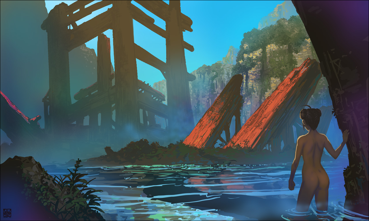 ariverkao, original, 1girl, ahoge, ass, brown hair, double bun, female focus, from behind, hair bun, nude, nudist, ruins, scenery, solo, standing, wading, water