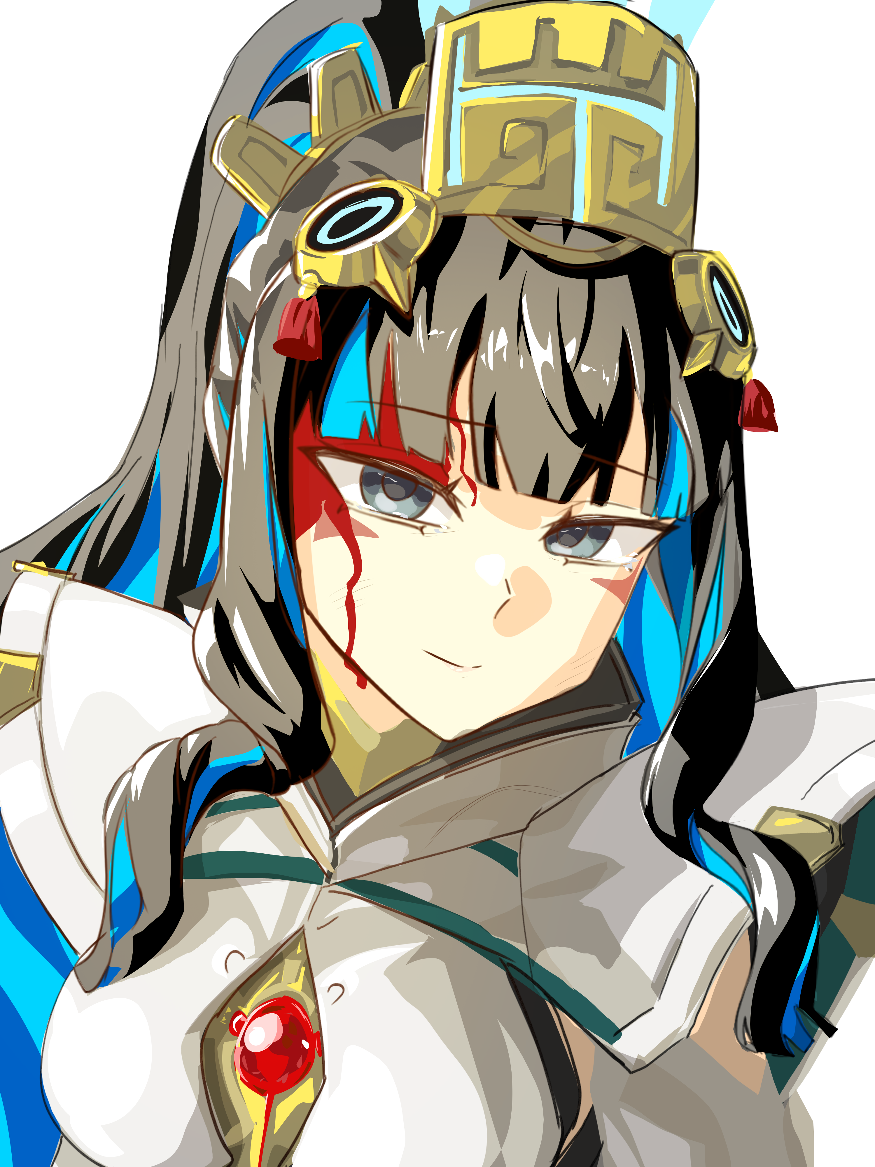 dantonphanton, tenochtitlan (fate), tenochtitlan (third ascension) (fate), fate/grand order, fate (series), absurdres, highres, 1girl, black hair, blood, blood on face, blue hair, breasts, colored inner hair, eyeliner, facial mark, feathers, gem, grey eyes, headdress, high ponytail, leotard, long hair, long sleeves, looking at viewer, makeup, multicolored hair, ponytail, sidelocks, small breasts, smile, solo, tassel, white leotard