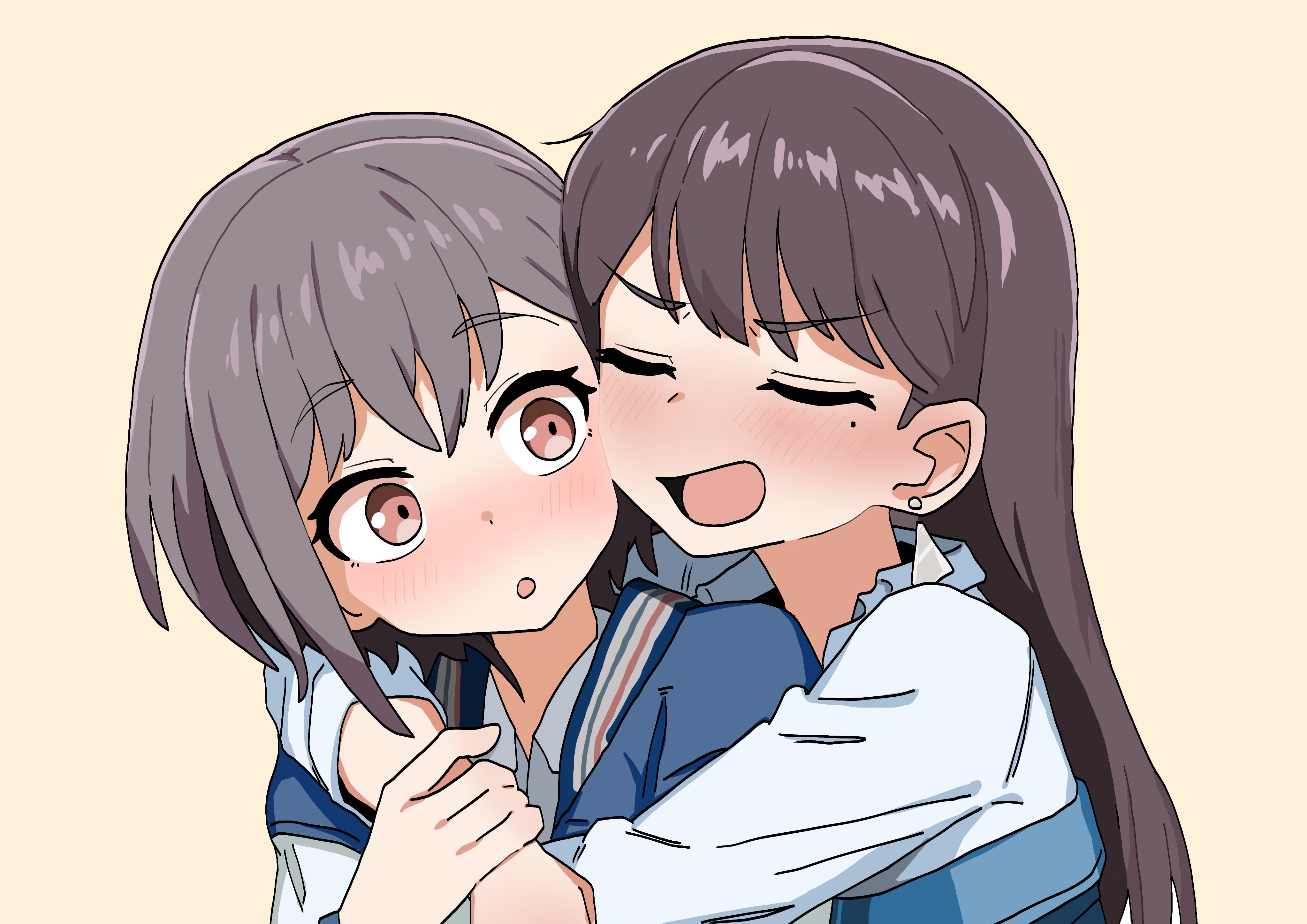 shiina taki, takamatsu tomori, bang dream!, bang dream! it's mygo!!!!!, absurdres, highres, 2girls, :o, blush, brown eyes, brown hair, clfmsh99, closed eyes, collared shirt, earrings, grey hair, hug, hug from behind, jacket, jewelry, long hair, long sleeves, mole, mole under eye, multiple girls, open mouth, purple eyes, shirt, short hair, simple background, single earring, yuri