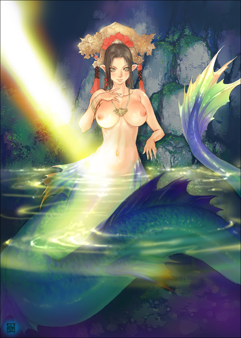 ariverkao, original, wall, 1girl, bangle, blush, bracelet, breasts, breasts apart, brown hair, completely nude, curvy, female focus, fins, grey eyes, hair ribbon, hand on own chest, headdress, in water, jewelry, large breasts, light rays, lips, long tail, looking at viewer, mermaid, monster girl, moss, navel, necklace, nipples, nude, pendant, pointy ears, ribbon, scales, smile, solo, stone wall, sunbeam, sunlight, tail, tassel, water