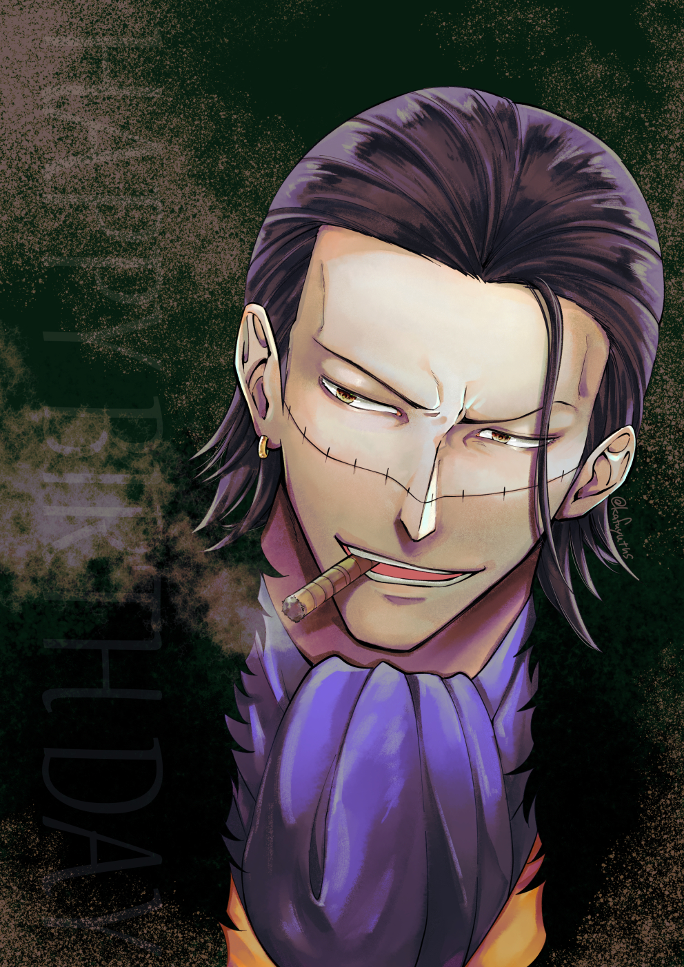 kafuyutns, crocodile (one piece), one piece, commentary request, highres, 1boy, ascot, black coat, black hair, blue ascot, cigar, close-up, coat, earrings, fur coat, hair slicked back, happy birthday, jewelry, looking to the side, male focus, mature male, short hair, smile, solo, stitched face, stitches, twitter username