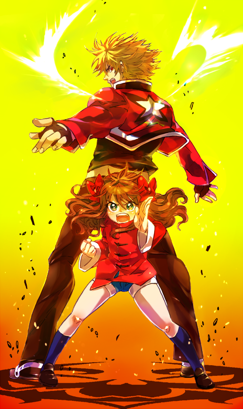 akiyama (yamagoya), arima miyako, rock howard, fatal fury, garou: mark of the wolves, m.u.g.e.n, melty blood, snk, the king of fighters, tsukihime, type-moon, bad id, bad pixiv id, 00s, 1boy, 1girl, back-to-back, blonde hair, bow, brown hair, chinese clothes, crossover, fighting stance, green eyes, hair bow, shorts, socks, wings