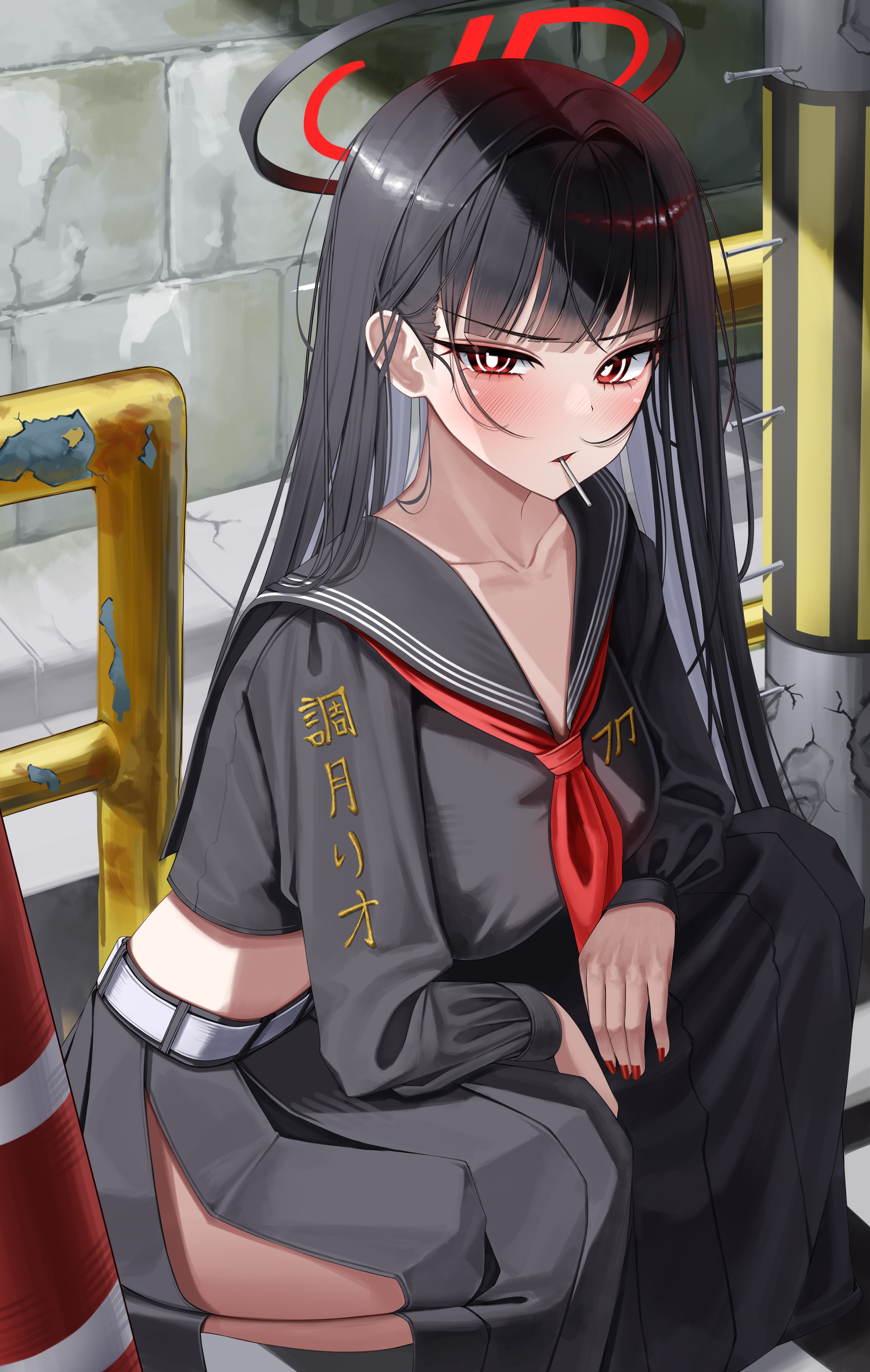 hsxxx, rio (blue archive), blue archive, absurdres, commentary, highres, 1girl, alternate costume, black hair, black halo, black serafuku, black shirt, black skirt, blush, breasts, bright pupils, chipped paint, collarbone, cosplay, crack, cracked wall, crop top, cropped shirt, day, halo, large breasts, long hair, looking at viewer, multicolored halo, neckerchief, outdoors, red eyes, red halo, red neckerchief, school uniform, serafuku, shirt, skirt, solo, squatting, two-tone halo, very long hair