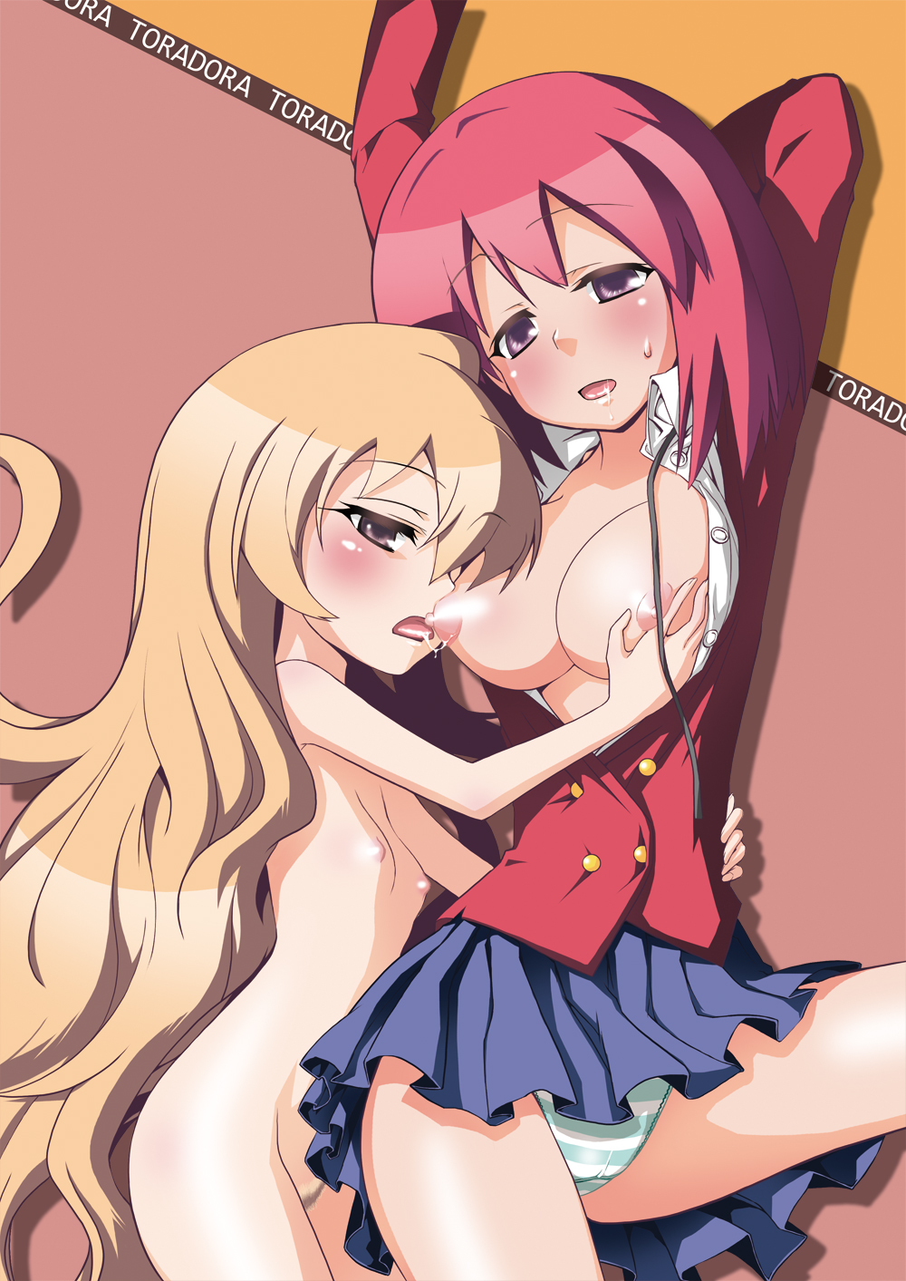 hitotose rin, shunkashuutou suzu, aisaka taiga, kushieda minori, toradora!, highres, 00s, 2girls, age difference, arms up, blush, breast sucking, breasts, brown eyes, brown hair, clothed female nude female, female pubic hair, flat chest, grabbing another's breast, groping, large breasts, loli, long hair, multiple girls, nipples, nude, onee-loli, oohashi high school uniform, open clothes, open mouth, open shirt, panties, pubic hair, purple eyes, red hair, saliva, school uniform, shirt, short hair, skirt, striped clothes, striped panties, sweat, tongue, underwear, very long hair, yuri