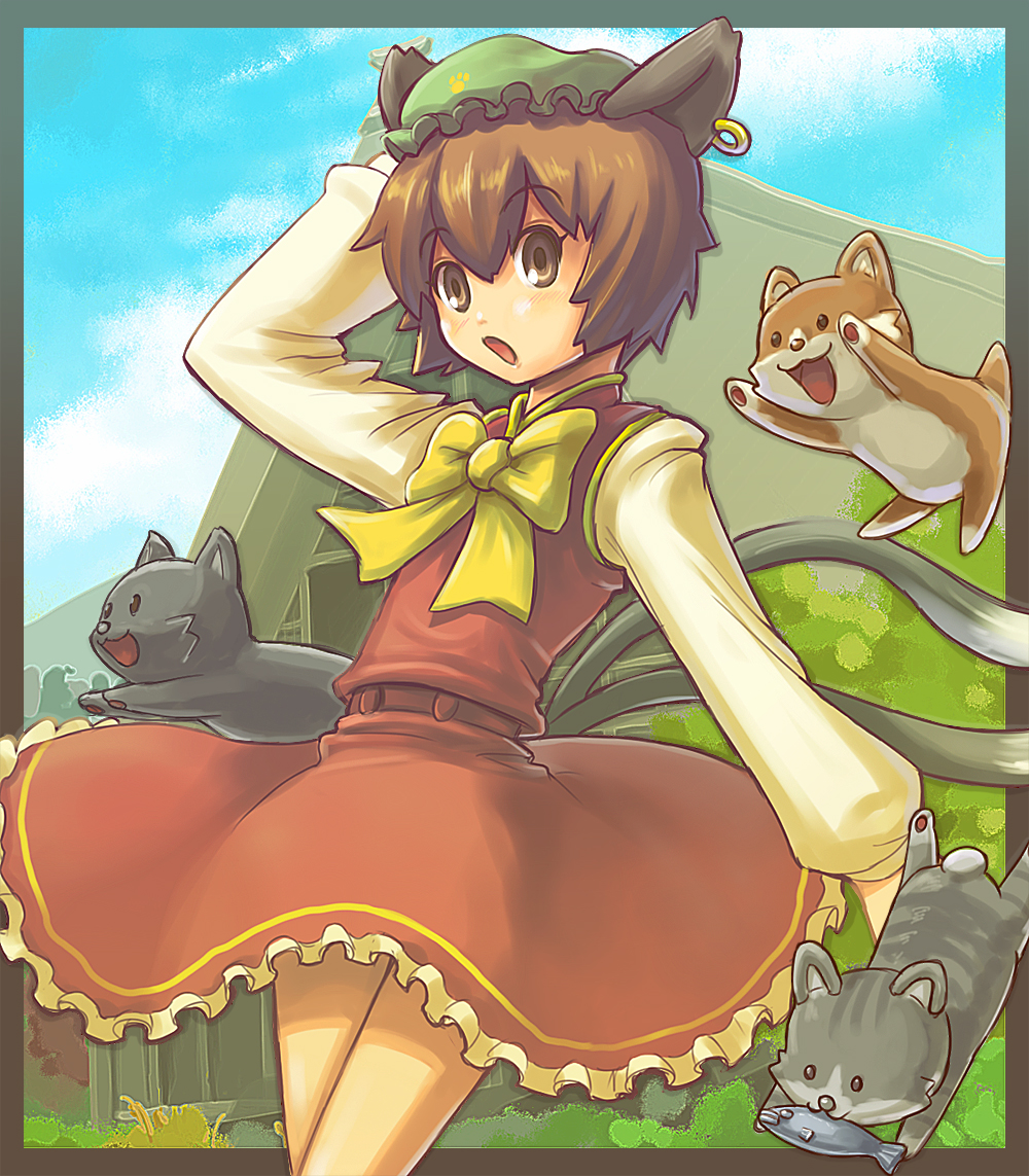 nakune, chen, touhou, 1girl, animal ears, brown eyes, brown hair, cat, cat ears, cat tail, dress, earrings, female focus, fish, hat, jewelry, multiple tails, nature, outdoors, paw print, plant, short hair, sky, solo, tail