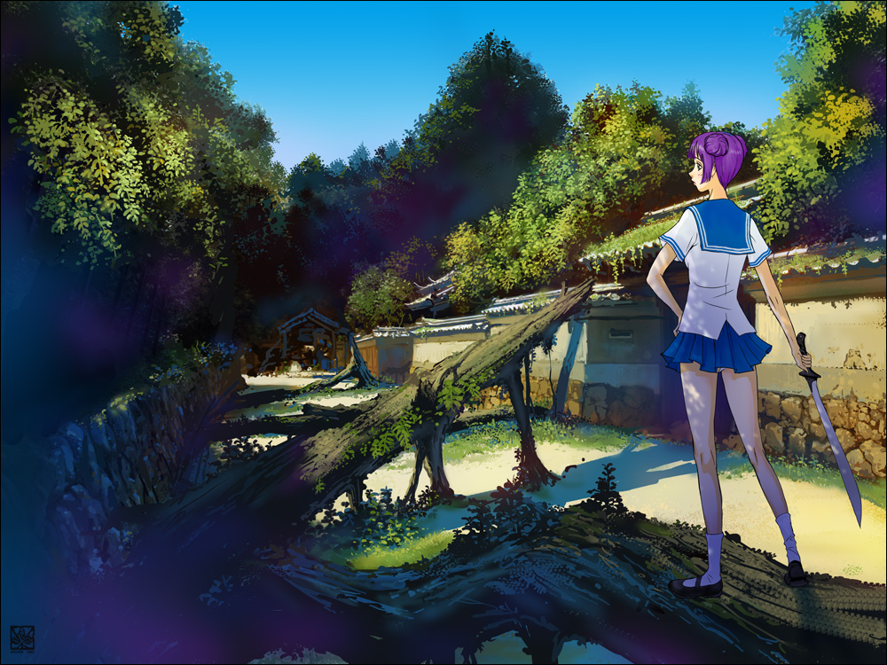 ariverkao, original, 1girl, double bun, female focus, legs, outdoors, plant, purple hair, scenery, school uniform, short hair, skirt, sky, solo, standing, sword, tree, weapon