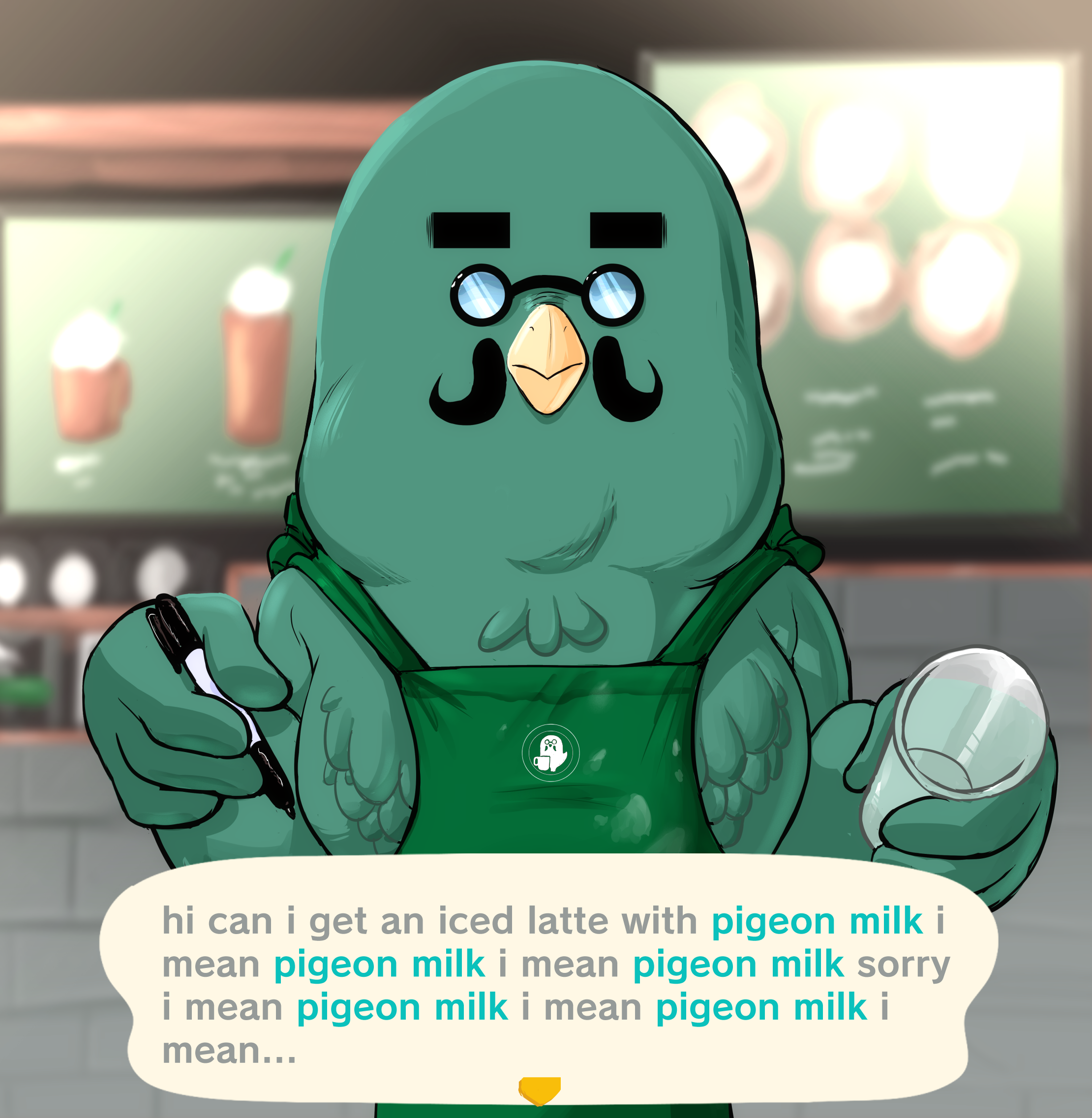teevo, brewster (animal crossing), animal crossing, nintendo, apron, bird, facial hair, feathers, glasses, iced latte with breast milk (meme), mustache, permanent marker, pigeon, speech bubble