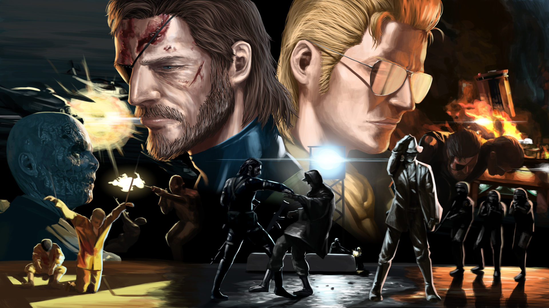 higa-tsubasa, big boss, chico (metal gear), kazuhira miller, paz ortega andrade, skull face, metal gear (series), metal gear solid v: ground zeroes, metal gear solid v: the phantom pain, cut, aircraft, blonde hair, blood, bodysuit, brown hair, carrying, carrying person, explosion, eyepatch, fire, firing, formal clothes, gun, hat, helicopter, injury, prisoner, sneaking suit, soldier, suit, sunglasses, weapon