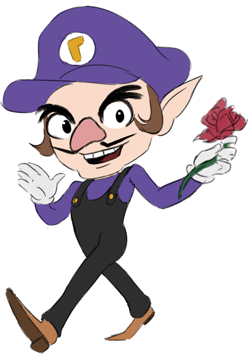 teevo, waluigi, mario (series), nintendo, chibi, flower, mustache, pencil mustache, pointy ears, rose, suspenders