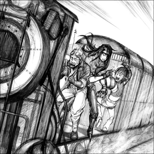 cid highwind, vincent valentine, yuffie kisaragi, final fantasy, final fantasy vii, 1990s (style), 1girl, 2boys, crop top, gloves, goggles, greyscale, hair over one eye, headband, monochrome, multiple boys, panicking, retro artstyle, sketch, surprised, train