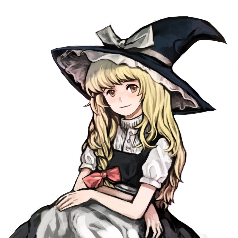 felt-tip, kirisame marisa, touhou, bad id, bad pixiv id, 1girl, blonde hair, braid, brown eyes, female focus, hat, long hair, simple background, skirt, smile, solo, white background, witch, witch hat