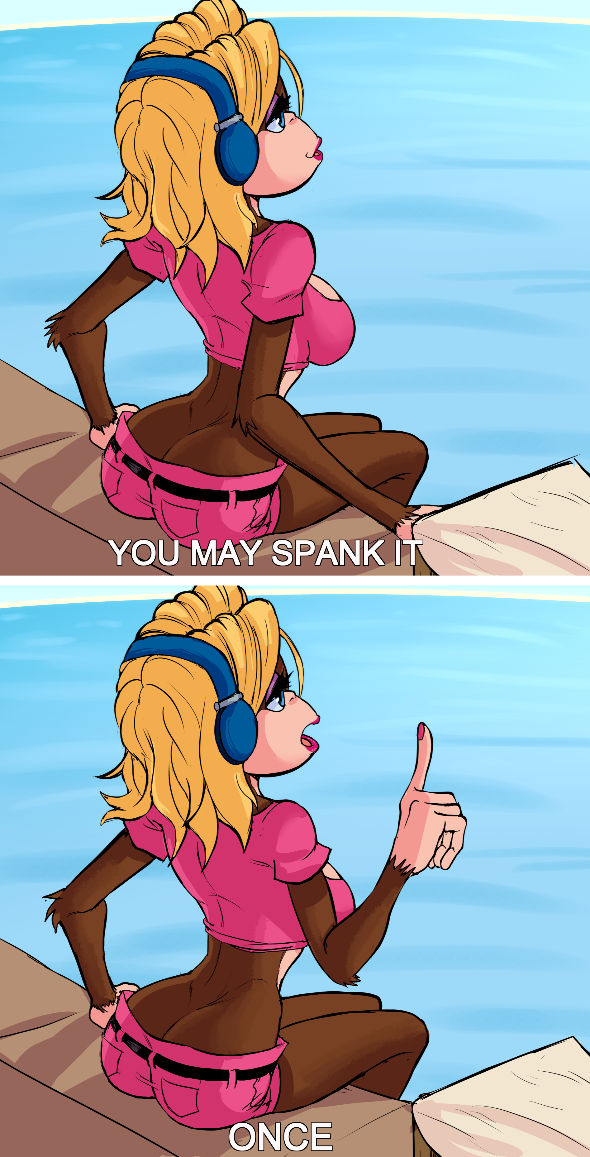 teevo, candy kong, donkey kong (series), nintendo, 2koma, ass, blonde hair, blue eyes, breasts, comic, crop top, facing away, headphones, large breasts, lipstick, makeup, monkey girl, nail polish, ocean, short shorts, shorts, sitting, water, you may spank it once (meme)