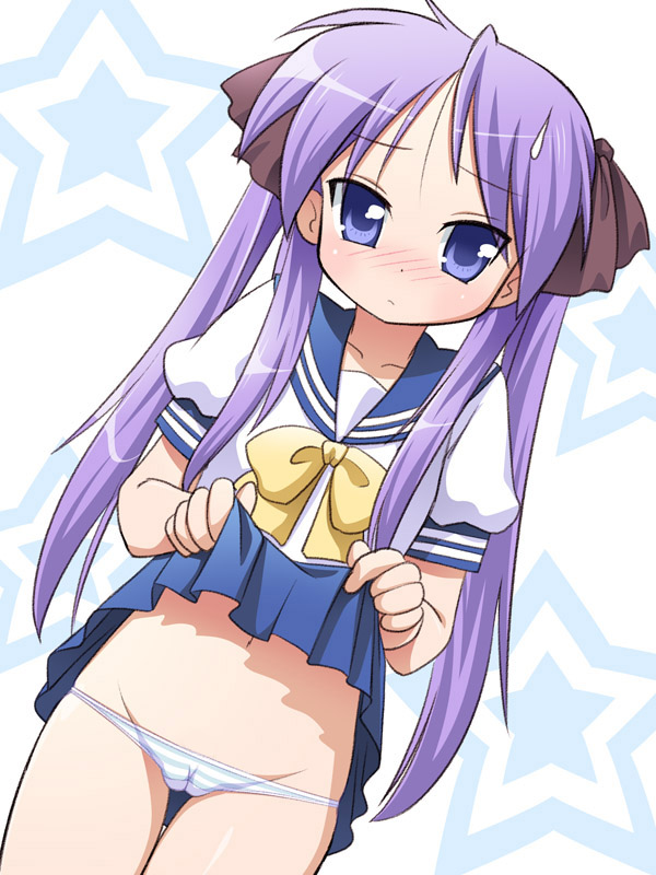 hiiragi kagami, lucky star, 00s, blue eyes, blush, cameltoe, clothes lift, hair ribbon, lifting own clothes, long hair, lowleg, lowleg panties, panties, ribbon, school uniform, serafuku, skirt, skirt lift, solo, striped clothes, striped panties, underwear