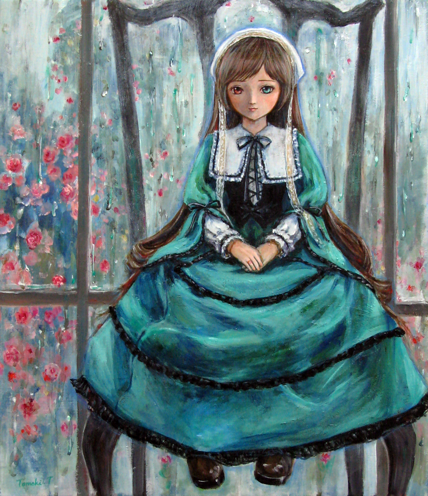 tafuto, suiseiseki, rozen maiden, bad id, bad pixiv id, highres, traditional media, 00s, brown hair, chair, dress, hairband, headscarf, heterochromia, long hair, solo, white headscarf