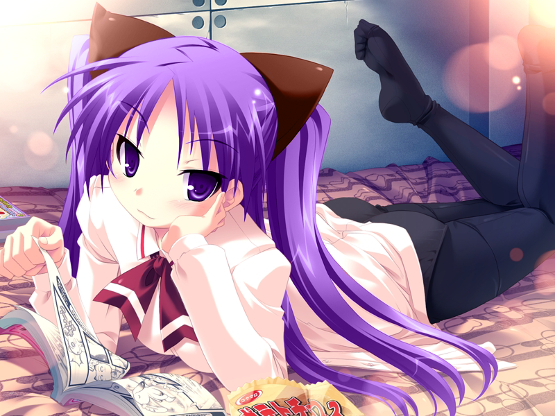 hiiragi kagami, lucky star, non-web source, third-party edit, 00s, 1girl, ass, bed, blue eyes, blush, comic, female focus, hair ribbon, long hair, lying, manga (object), panties, panties under pantyhose, pantyhose, purple hair, ribbon, school uniform, socks, solo, underwear