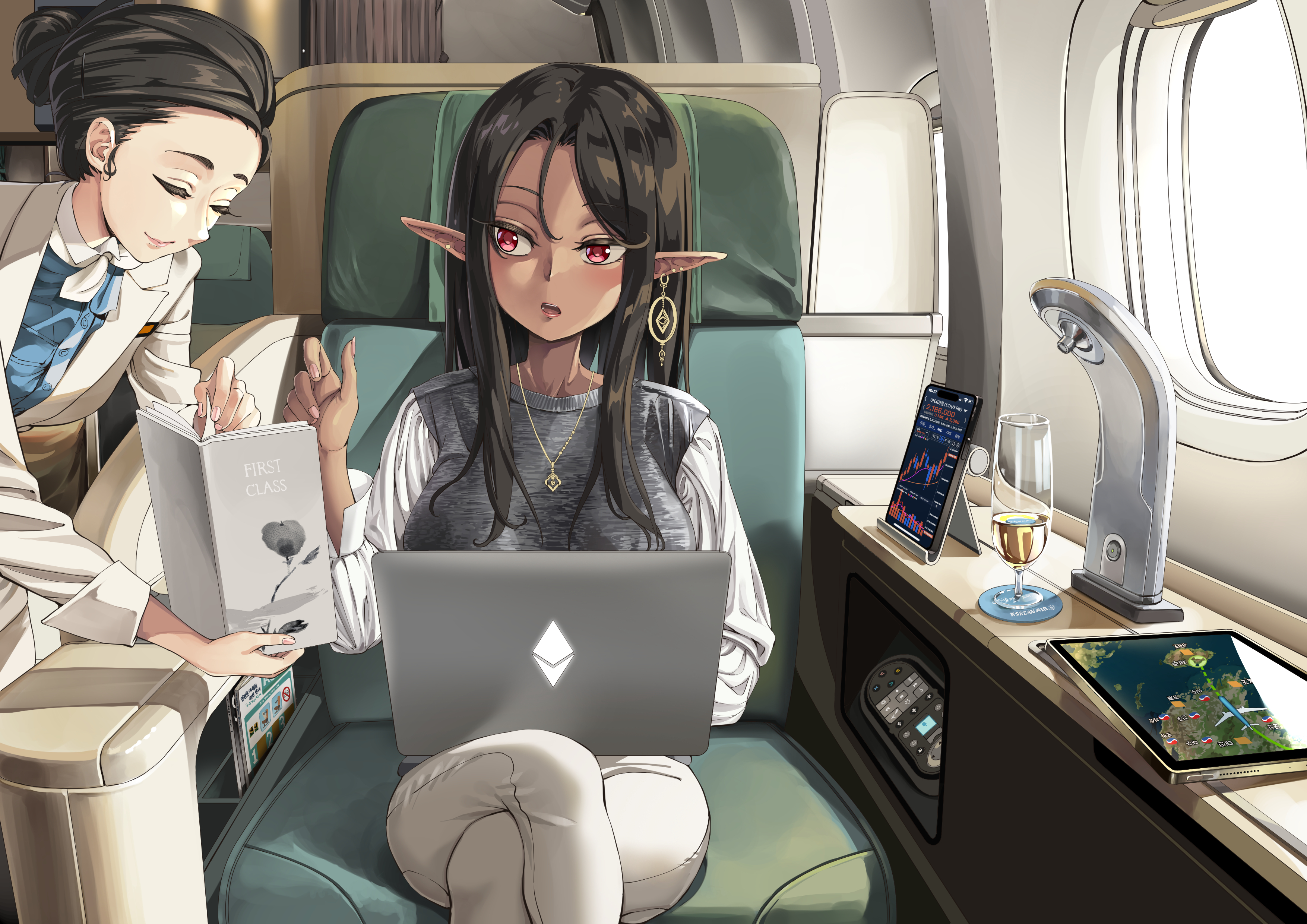 miyu (miyu heuung), original, absurdres, highres, 2girls, airplane interior, black hair, champagne flute, closed eyes, computer, cott (miyu), crossed legs, cup, dark-skinned female, dark elf, dark skin, drinking glass, earrings, elf, flight attendant, jewelry, laptop, multiple girls, necklace, open mouth, pointy ears, red eyes, tablet pc, travel attendant, window