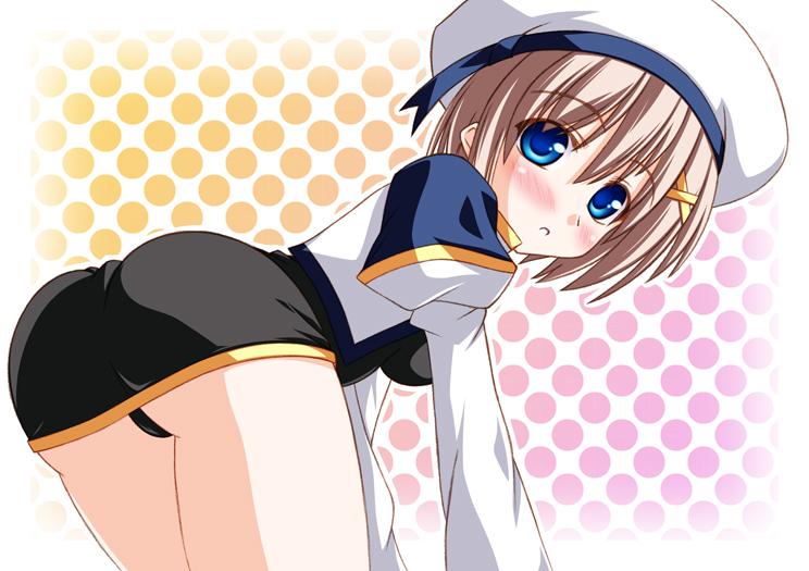 tsukimi pasta, yagami hayate, lyrical nanoha, mahou shoujo lyrical nanoha, mahou shoujo lyrical nanoha strikers, bad id, bad pixiv id, 00s, 1girl, ass, bent over, blue eyes, blush, brown hair, female focus, hair ornament, hat, panties, short hair, solo, underwear, x hair ornament