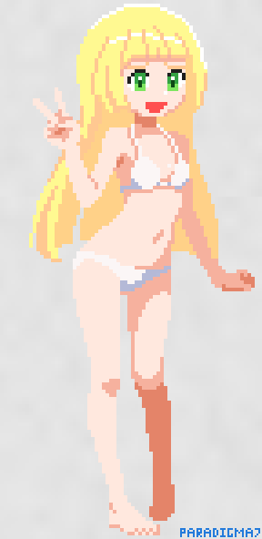 paradigma7, lillie (pokemon), nintendo, pokemon, animated, animated gif, 1girl, barefoot, bikini, blonde hair, breasts, full body, green eyes, grey background, long hair, looking at viewer, navel, open mouth, pixel art, simple background, small breasts, smile, solo, standing, straight-on, swimsuit, v, white bikini