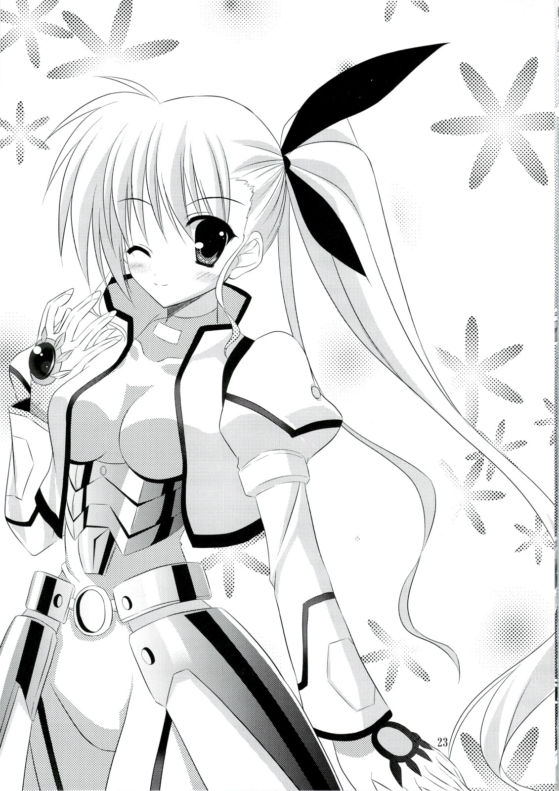 vivio, lyrical nanoha, mahou shoujo lyrical nanoha, mahou shoujo lyrical nanoha strikers, highres, 00s, aged up, armor, blush, bodysuit, gloves, greyscale, hair ribbon, jacket, long hair, monochrome, one eye closed, ribbon, side ponytail, smile, solo, very long hair, wink