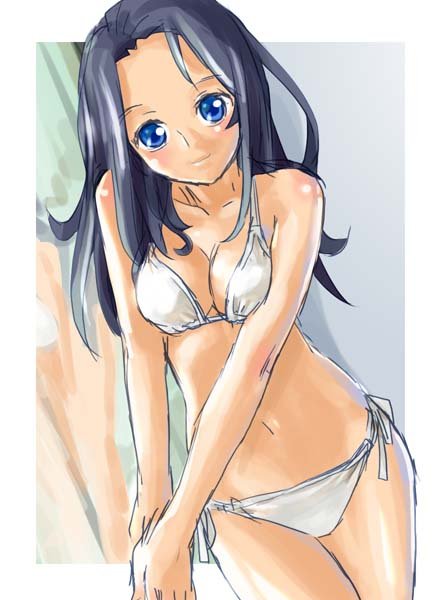 katahira masashi, original, 1girl, bikini, black hair, blue eyes, blush, cowboy shot, female focus, long hair, side-tie bikini bottom, sketch, smile, solo, swimsuit, white bikini