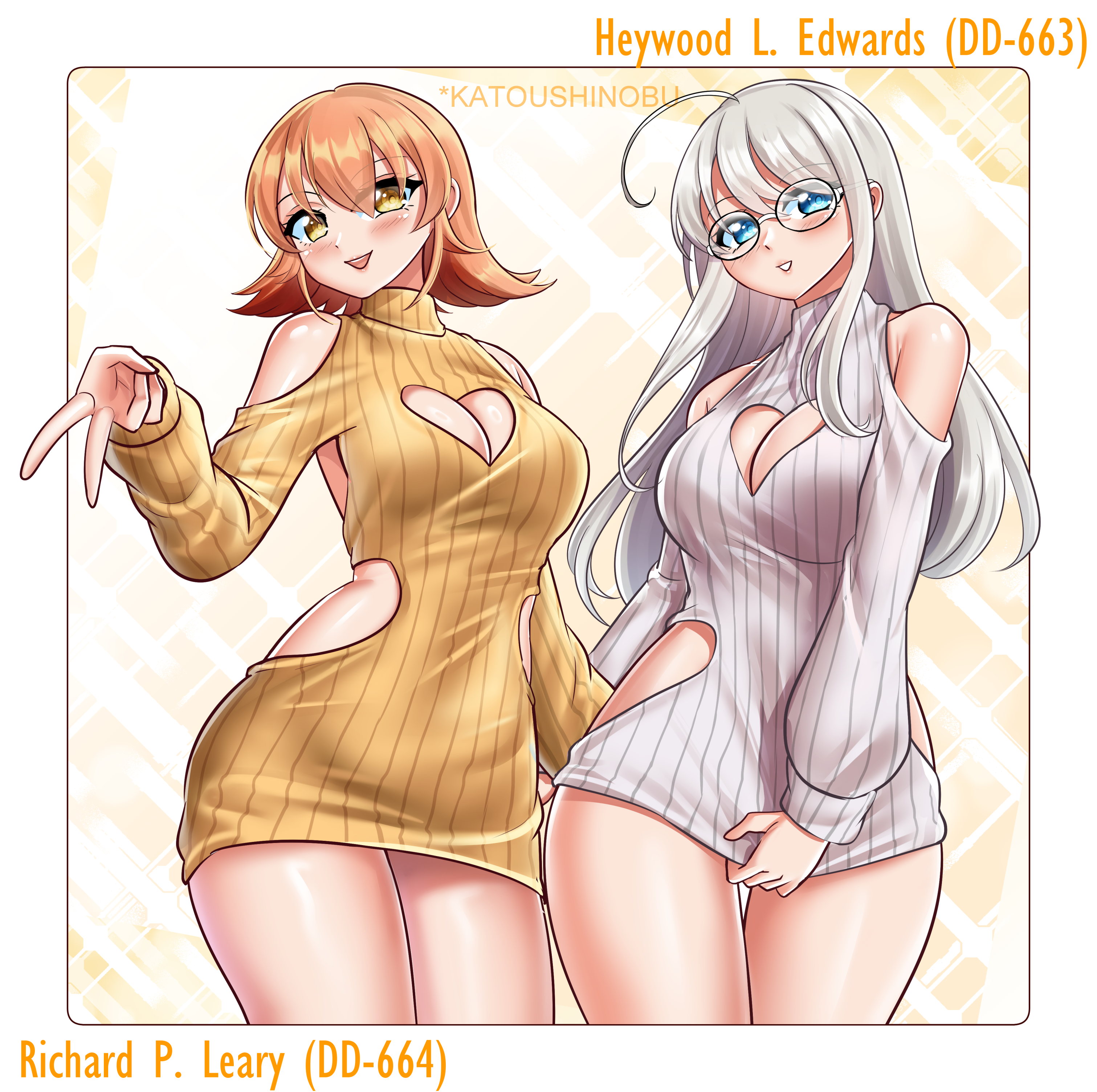 katou shinobu, heywood l. edwards (kancolle), richard p. leary (kancolle), kantai collection, absurdres, highres, 2girls, ahoge, alternate costume, birthday, blue eyes, blush, breasts, brown dress, brown eyes, brown hair, cleavage, cleavage cutout, clothing cutout, cowboy shot, dated, dress, flipped hair, glasses, grey hair, hip vent, long hair, looking at viewer, medium breasts, multiple girls, one-hour drawing challenge, open mouth, short hair, smile, sweater, sweater dress, twitter username, v, white sweater