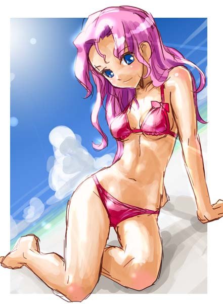 katahira masashi, darry adai, tengen toppa gurren lagann, 00s, 1girl, arm support, beach, bikini, blue eyes, day, female focus, long hair, outdoors, outside border, pink bikini, pink hair, sitting, sketch, smile, solo, swimsuit