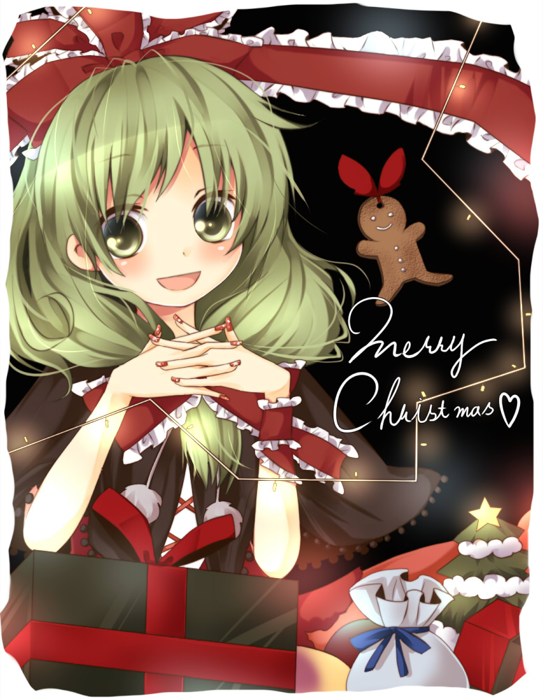 umi (umi02), kagiyama hina, touhou, umi, bad id, bad pixiv id, 1girl, christmas, female focus, fingernails, front ponytail, green eyes, green hair, matching hair/eyes, nail (hardware), own hands together, solo