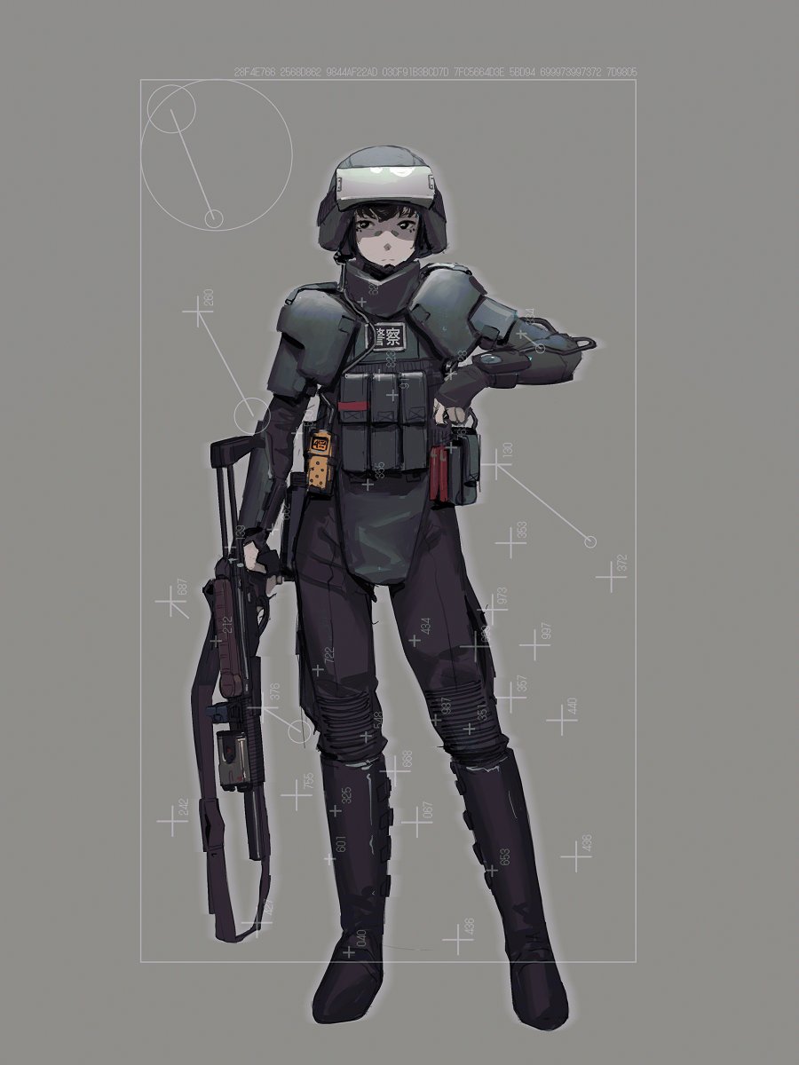 notfuji, original, highres, weapon request, 1girl, ammunition pouch, black boots, black pants, body armor, boots, combat helmet, contrapposto, expressionless, fingerless gloves, full body, gloves, green background, gun, headset, helmet, holding, holding gun, holding weapon, military operator, pants, pouch, simple background, solo, standing, weapon