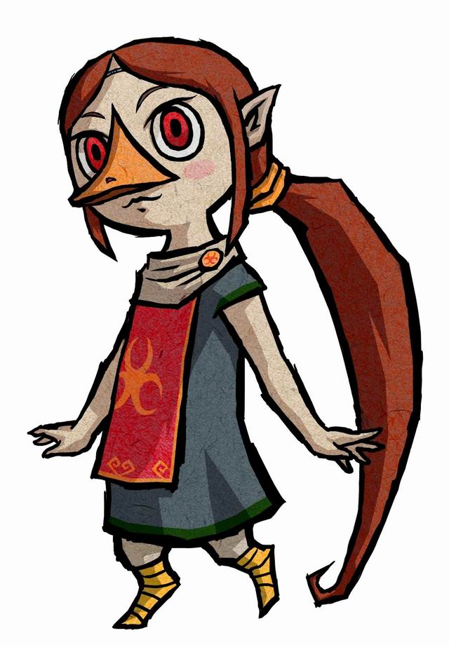 medli, nintendo, the legend of zelda, the legend of zelda: the wind waker, official art, 1girl, beak, brown hair, female focus, long hair, pointy ears, ponytail, red eyes, rito, solo