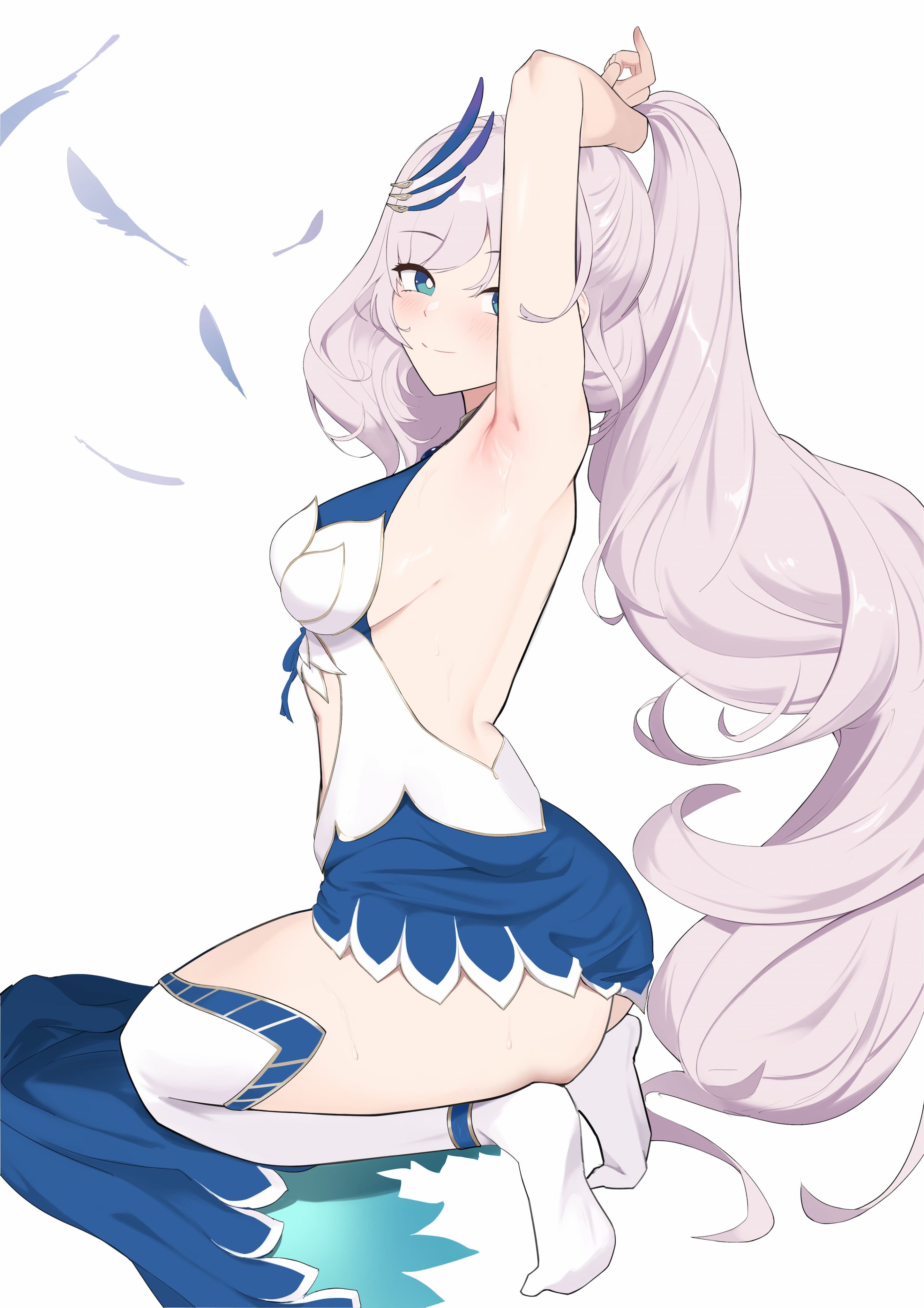 shift (shiftillust), pavolia reine, hololive, hololive indonesia, absurdres, highres, 1girl, armpits, arms up, ass, backless dress, backless outfit, breasts, bright pupils, closed mouth, dress, falling feathers, feathers, from side, full body, grey hair, long hair, looking at viewer, looking to the side, microdress, multicolored dress, multicolored eyes, no shoes, ponytail, seiza, sideboob, simple background, sitting, smile, solo, split mouth, thighhighs, two-tone eyes, tying hair, very long hair, white background, white pupils, white thighhighs