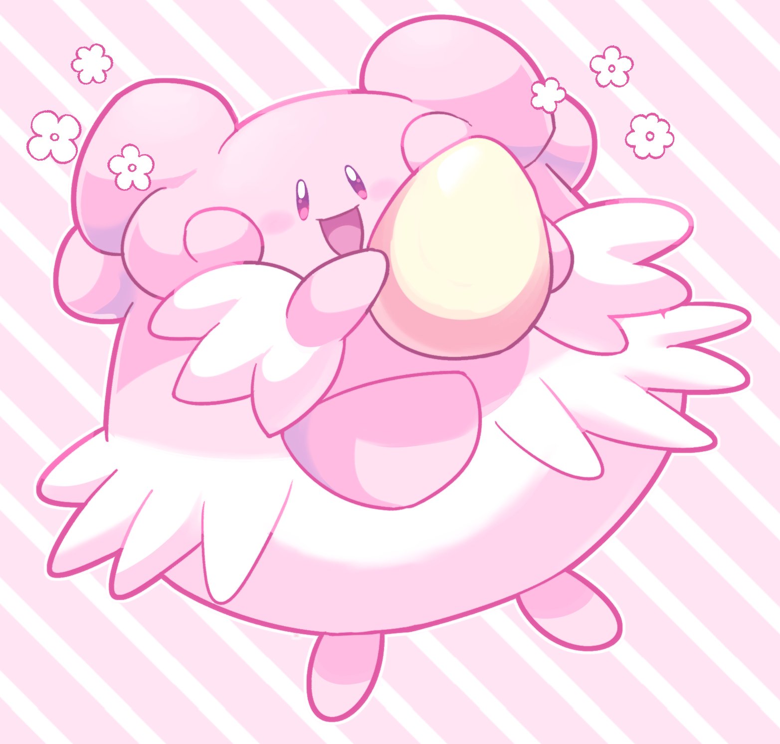 loveycloud, blissey, nintendo, pokemon, commentary, english commentary, highres, :d, blush, diagonal-striped background, egg, flower symbol, gen 2 pokemon, hands up, happy, holding, holding egg, looking at viewer, no humans, open mouth, pink background, pink eyes, pokemon (creature), pokemon focus, simple background, smile, solo, striped background