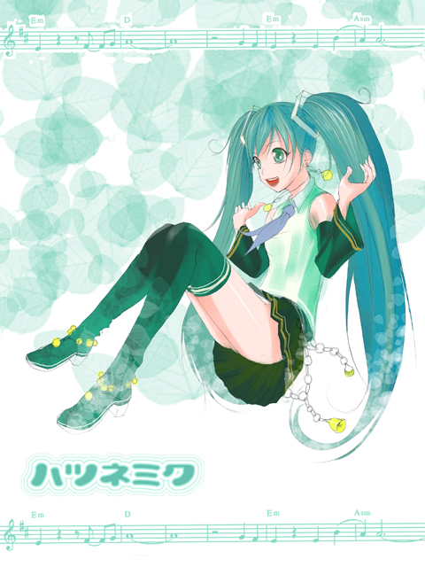 inumen inu, inumotiko, hatsune miku, vocaloid, bad id, bad pixiv id, 1girl, aqua eyes, aqua hair, detached sleeves, female focus, high heels, long hair, musical note, shoes, skirt, solo, thighhighs, twintails
