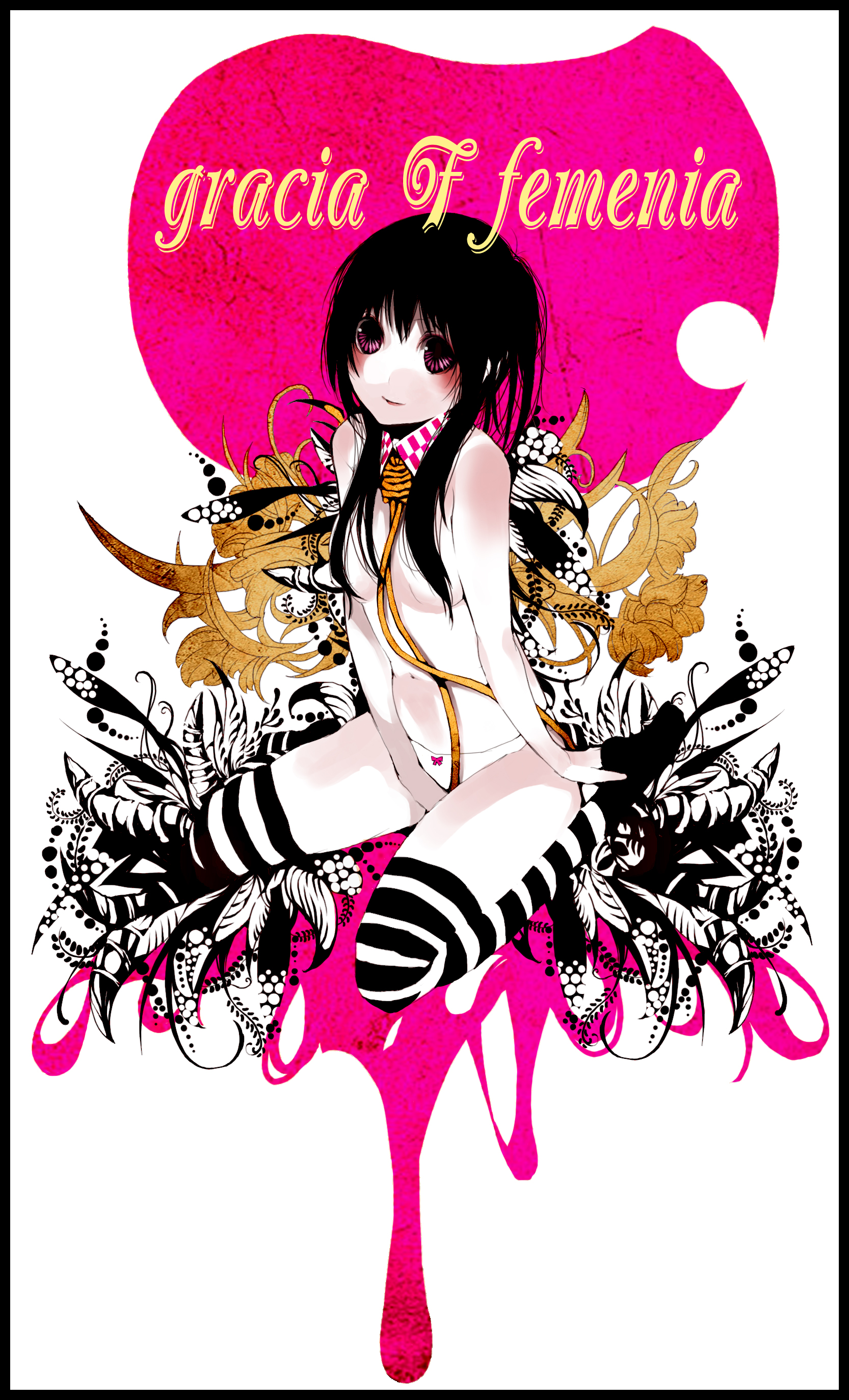 palmeros, absurdres, bad id, bad pixiv id, highres, black hair, eyeshadow, makeup, panties, pink eyes, smile, solo, striped clothes, striped thighhighs, thighhighs, topless female, underwear