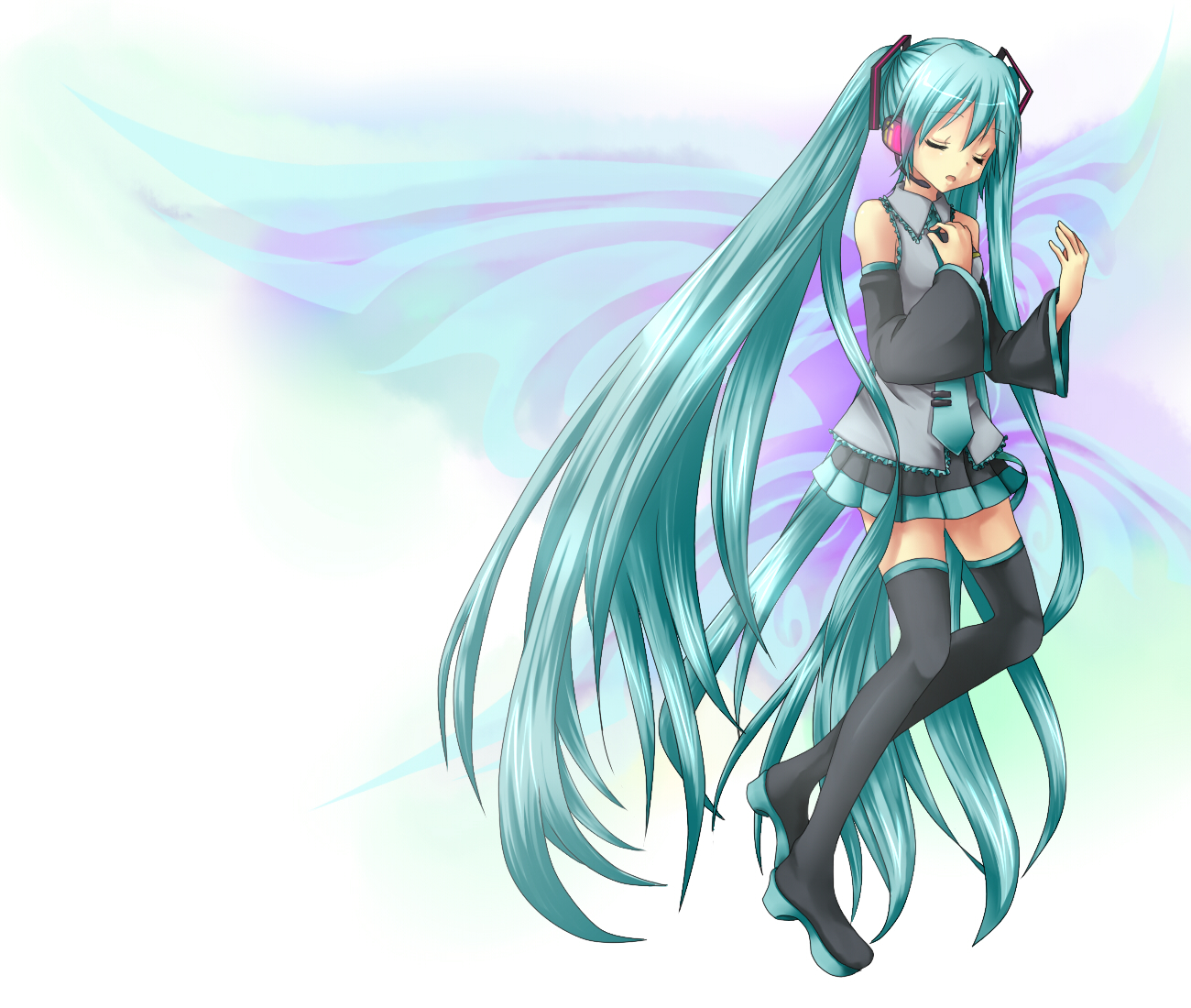etou (cherry7), etou (pixiv446888), hatsune miku, vocaloid, bad id, bad pixiv id, aqua hair, closed eyes, detached sleeves, headset, long hair, necktie, skirt, solo, thighhighs, twintails, very long hair, zettai ryouiki