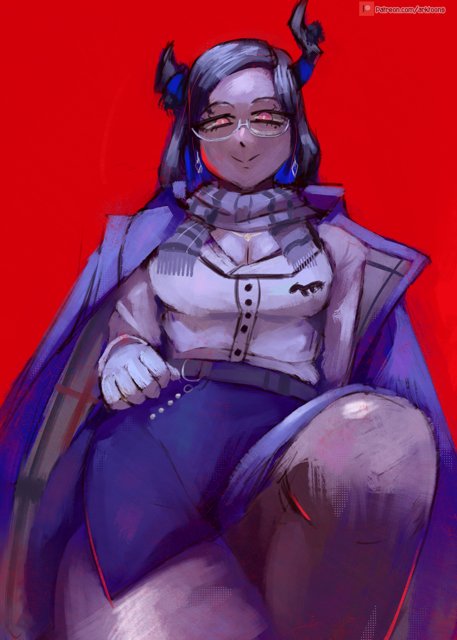 arktoons, nerissa ravencroft, nerissa ravencroft (casual), hololive, hololive english, highres, 1girl, :>, asymmetrical horns, black hair, blue jacket, blue skirt, breasts, cleavage, glasses, hand on own hip, horns, jacket, jacket on shoulders, knee up, looking at viewer, official alternate costume, official alternate hairstyle, patreon username, red background, red eyes, scarf, shirt, skirt, squinting, striped clothes, striped scarf, virtual youtuber, white shirt