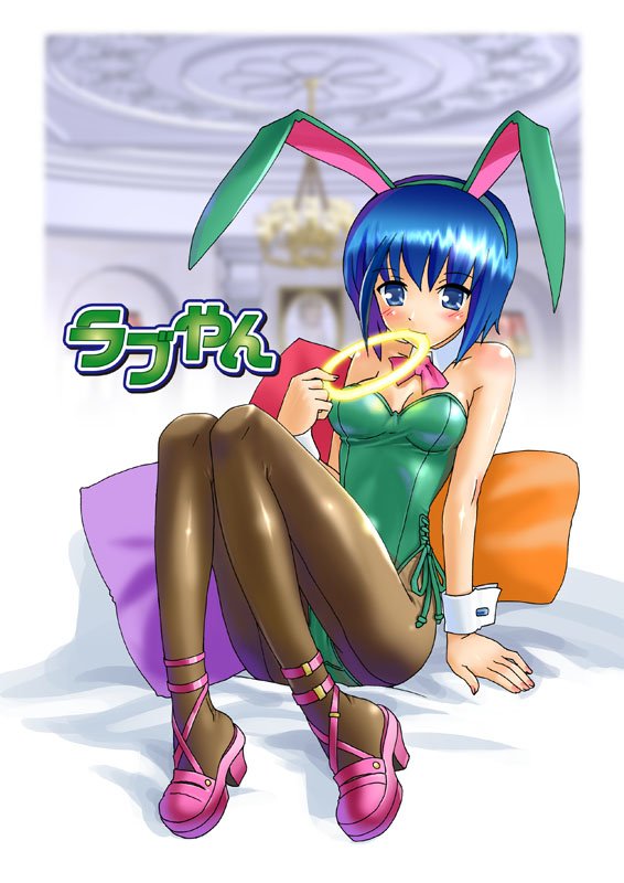 katahira masashi, rabuyan (character), rabuyan, animal ears, blue eyes, blue hair, blush, fake animal ears, full body, halo, pantyhose, pink shoes, playboy bunny, rabbit ears, shoes, short hair, sitting, solo