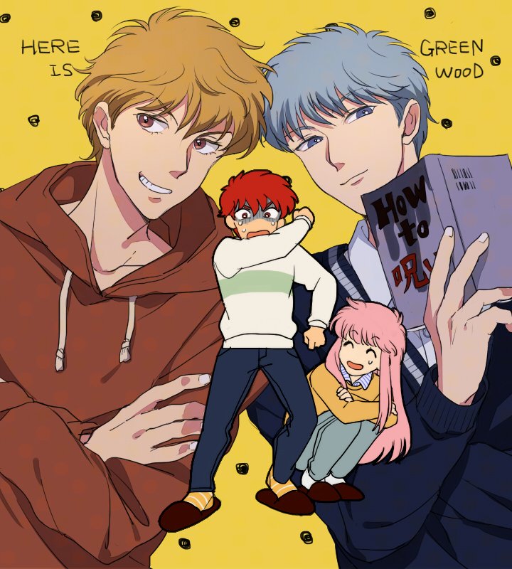 azkn, hasukawa kazuya, ikeda mitsuru, kisaragi shun, tezuka shinobu, koko wa greenwood, commentary request, 4boys, androgynous, black jacket, book, brown hair, brown jacket, closed mouth, collarbone, copyright name, drawstring, fingernails, grey eyes, grey hair, grin, happy, holding, holding book, jacket, long sleeves, looking at viewer, male focus, multiple boys, open mouth, pink hair, red hair, scared, short hair, slippers, smile, squatting, sweatdrop, sweater, white sweater, yellow background