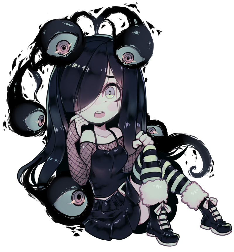 parororo, aria wintermint, the crawling city, commentary, english commentary, 1girl, bare shoulders, black boots, black camisole, black hair, black skirt, boots, camisole, collarbone, deformed, fishnet sleeves, fishnets, full body, fur-trimmed boots, fur trim, green eyes, green theme, hair over one eye, long hair, looking at viewer, midriff peek, open mouth, pleated skirt, simple background, sitting, skirt, solo, striped clothes, striped thighhighs, teeth, thighhighs, upper teeth only, white background