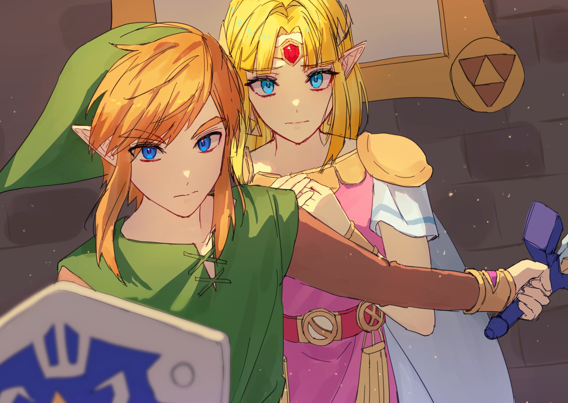 neosilleosil, link, princess zelda, nintendo, the legend of zelda, the legend of zelda: a link between worlds, commentary, english commentary, highres, 1boy, 1girl, armor, belt, blonde hair, blue eyes, brown hair, cape, circlet, closed mouth, dress, green hat, hat, holding, holding sword, holding weapon, hylian shield, indoors, jewelry, long hair, looking at viewer, master sword, own hands together, pauldrons, pink belt, pink dress, pointy ears, princess, shield, short hair, shoulder armor, sidelocks, sword, triforce print, weapon, white cape