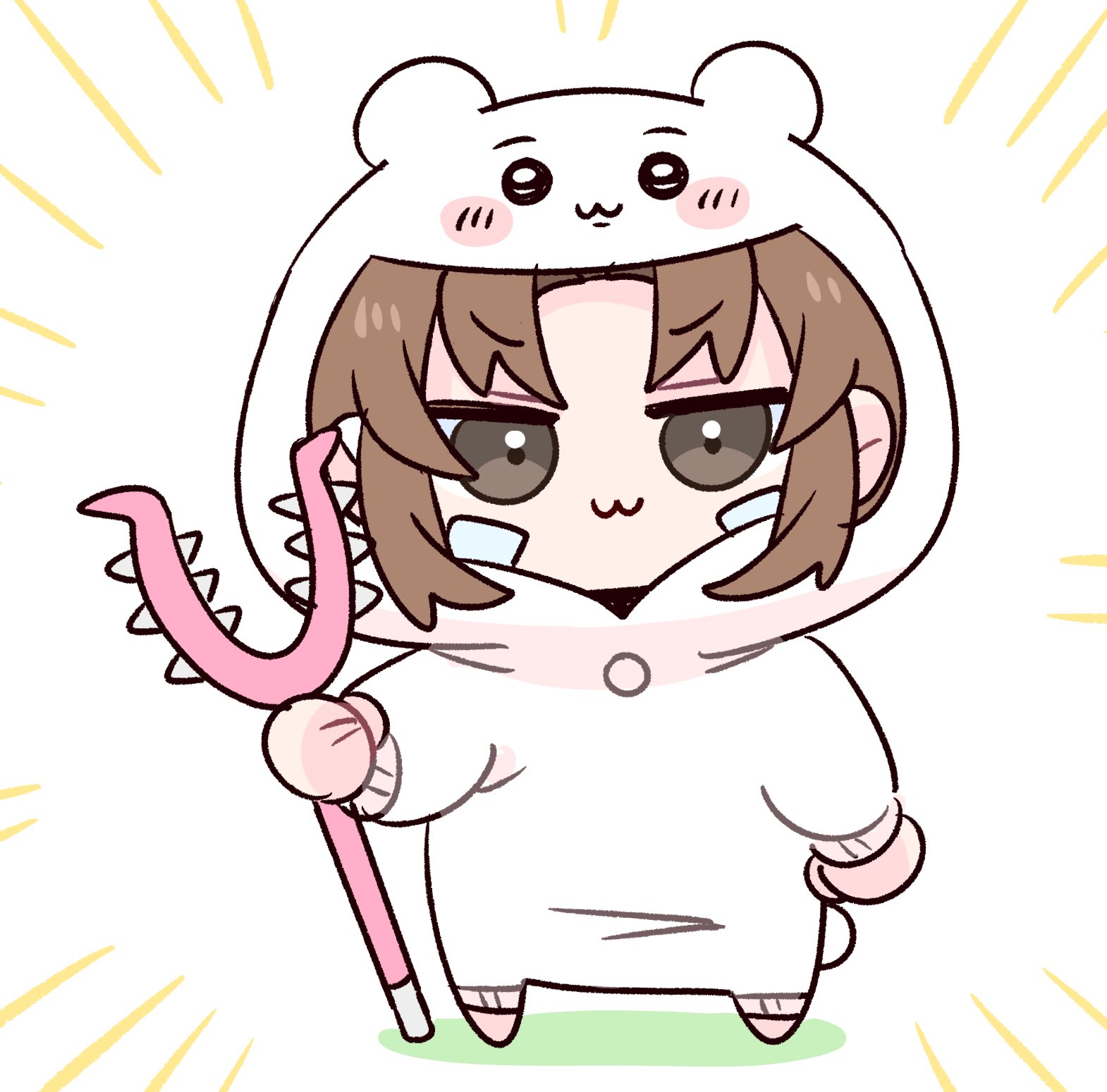 op na yarou, chiikawa (character), ed-chan (edkuroki), chiikawa, original, commentary, highres, 1girl, :3, animal costume, animal hood, barefoot, brown eyes, brown hair, chibi, chibi only, emphasis lines, forehead, full body, gauze, gauze on cheek, holding, holding staff, hood, hood up, hooded pajamas, no nose, onesie, pajamas, parted bangs, sidelocks, simple background, solo, staff, standing, v-shaped eyebrows, white background, white pajamas