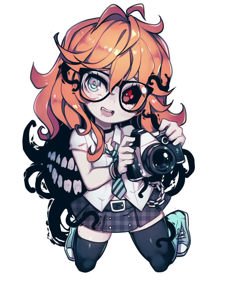 parororo, kaz asteri, negative frames, commentary, english commentary, 1girl, belt, black-framed eyewear, black belt, black sclera, black thighhighs, boots, camera, collared shirt, colored sclera, deformed, diagonal-striped clothes, diagonal-striped necktie, full body, glasses, green boots, green eyes, green necktie, heterochromia, holding, holding camera, looking at viewer, necktie, open mouth, orange hair, plaid clothes, plaid skirt, red eyes, shirt, simple background, skirt, solo, striped clothes, teeth, thighhighs, unmoving pattern, upper teeth only, white background, white shirt