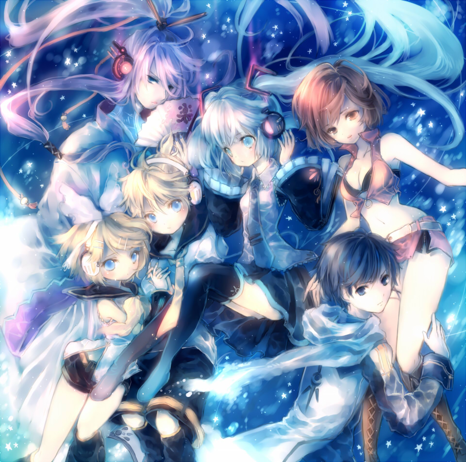 onineko, hatsune miku, kagamine len, kagamine rin, kaito (vocaloid), kamui gakupo, meiko (vocaloid), vocaloid, bad id, bad pixiv id, 2boys, 4girls, aqua eyes, aqua hair, bare shoulders, blonde hair, blue eyes, blue scarf, boots, bra, breasts, brown eyes, brown hair, cleavage, coat, crop top, detached sleeves, floating, hair ornament, hairclip, hand fan, headphones, holding hands, lace-up boots, lingerie, long hair, medium breasts, midriff, miniskirt, multiple boys, multiple girls, navel, purple hair, scarf, short shorts, shorts, skirt, thighhighs, twintails, underwear, vest, zettai ryouiki