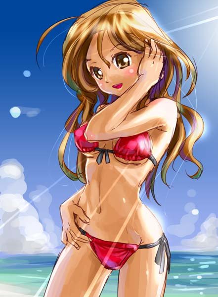 katahira masashi, original, 1girl, adjusting hair, bikini, blush, brown eyes, brown hair, cowboy shot, day, female focus, front-tie top, long hair, ocean, red bikini, side-tie bikini bottom, sketch, solo, string bikini, swimsuit