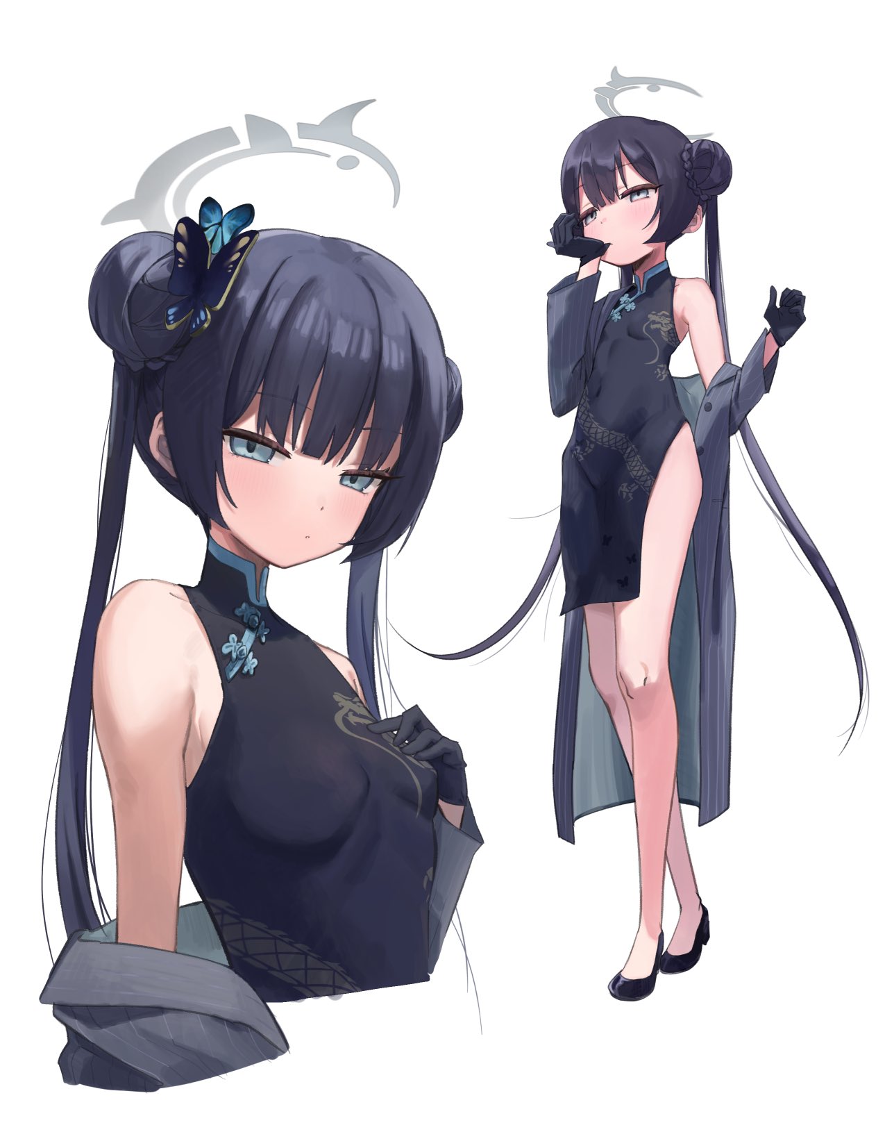 yamabuki0, kisaki (blue archive), blue archive, commentary request, highres, 1girl, biting, biting glove, black dress, black gloves, black hair, black shoes, braid, braided bun, breasts, butterfly hair ornament, china dress, chinese clothes, closed mouth, covered navel, cropped torso, double bun, dragon print, dress, full body, gloves, grey eyes, grey halo, hair bun, hair ornament, halo, hand on own chest, hand up, hands up, jacket, long hair, long sleeves, looking at viewer, multiple views, off shoulder, open clothes, open jacket, pelvic curtain, pinstripe jacket, pinstripe pattern, print dress, shoes, simple background, sleeveless, small breasts, standing, striped clothes, striped jacket, twintails, vertical-striped clothes, vertical-striped jacket, very long hair, walking, white background